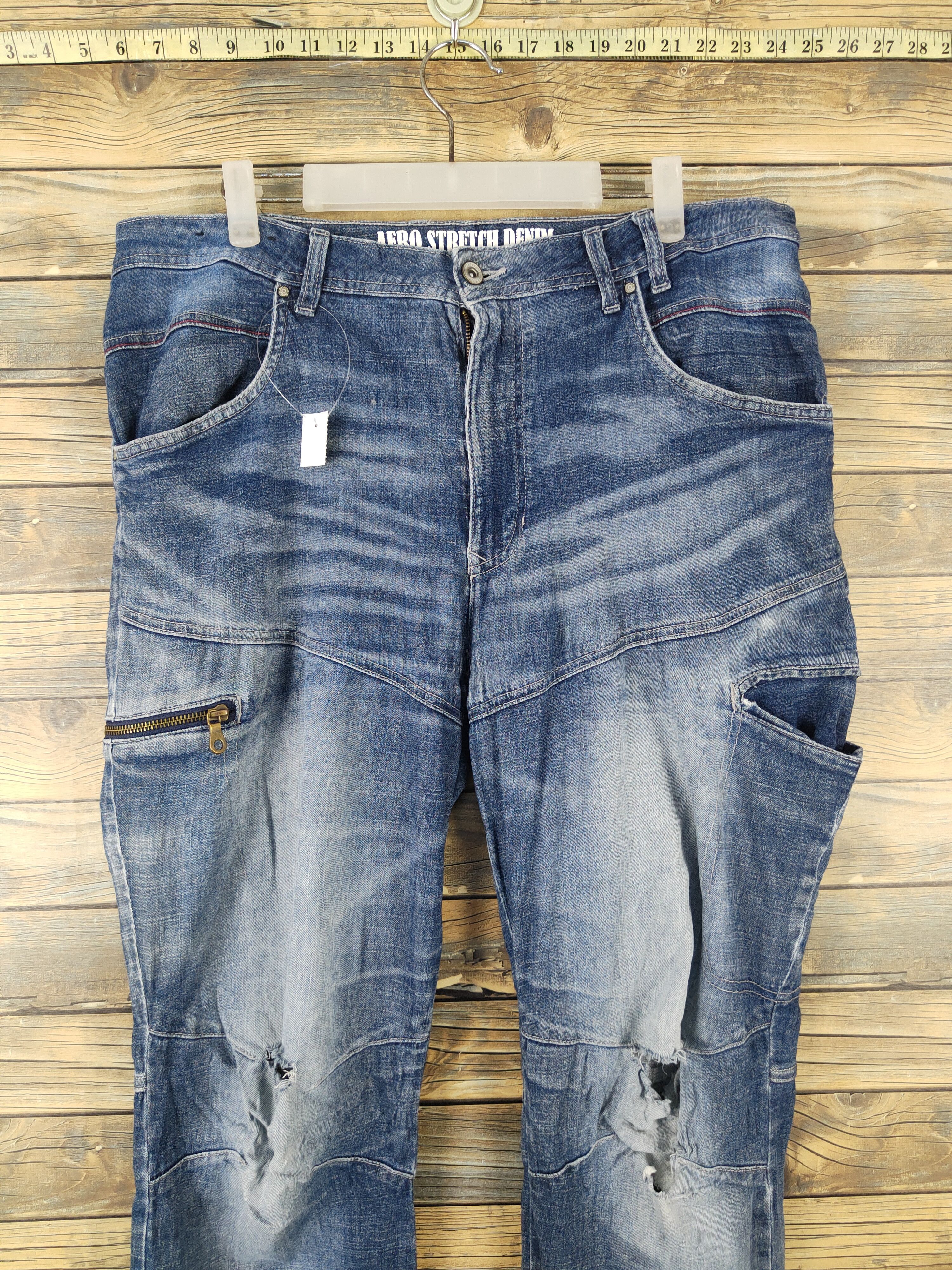 Japanese Brand FieldCore Dark Blue Distressed Ripped cargo Jeans #W1962 Size US 36 / EU 52 - 2 Thumbnail