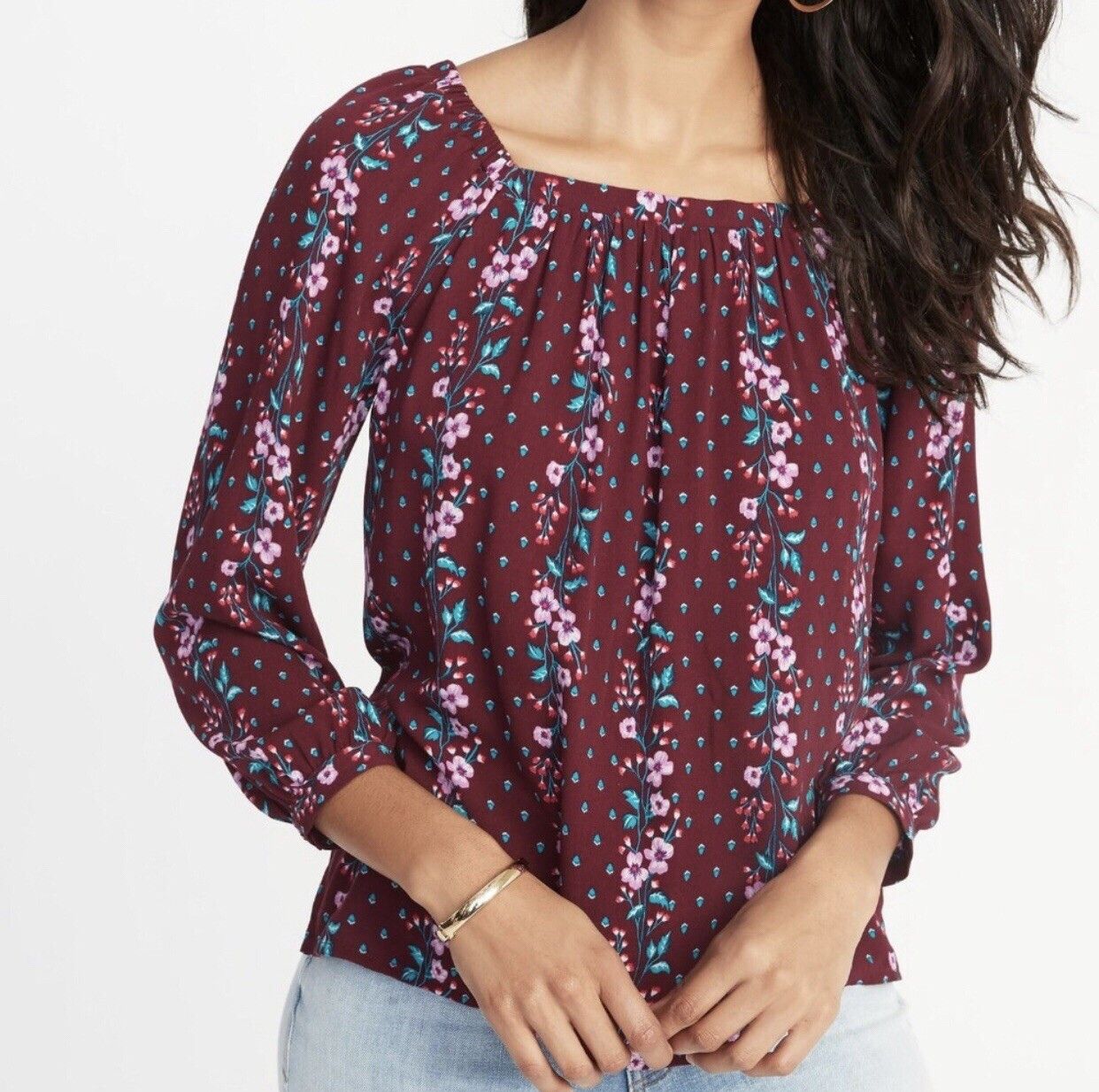 Old Navy Burgundy Old Navy Dark Floral Square Neckline Blouse Sz: L Size L / US 10 / IT 46 - 2 Thumbnail