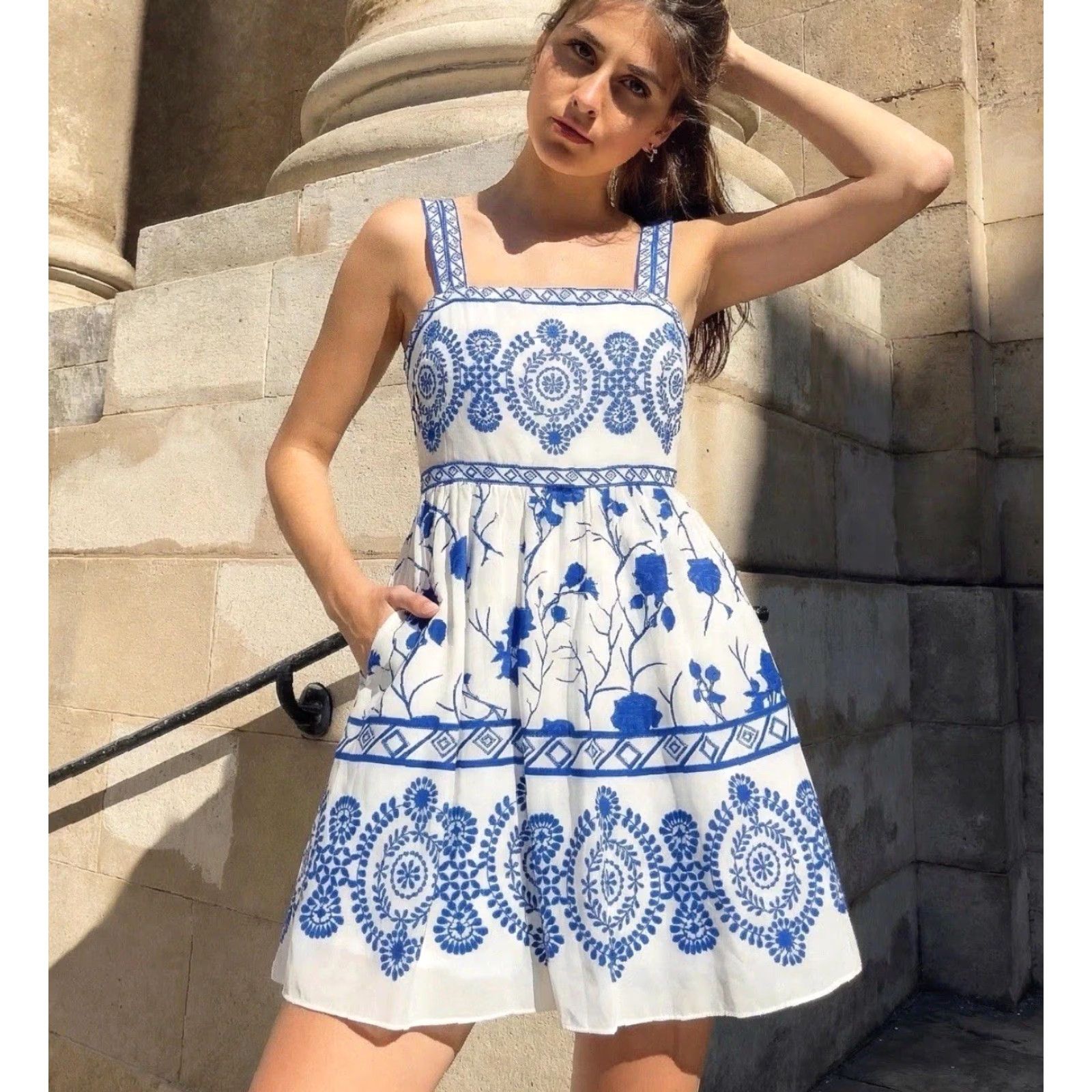 Vintage Unbranded Boho Blue & White Floral Print Ruffle Mini Dress S Small Backless Size S / US 4 / IT 40 - 2 Thumbnail