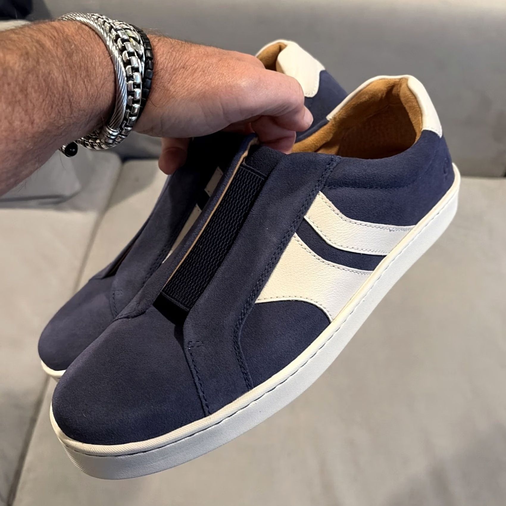 Born Born Navy Blue Suede Slip On Sneakers Size 13M Mens Casual Shoes Rubber Outsole Leather Lining Cushioned Comfort White Stripes Size US 13 / EU 46 - 2 Thumbnail