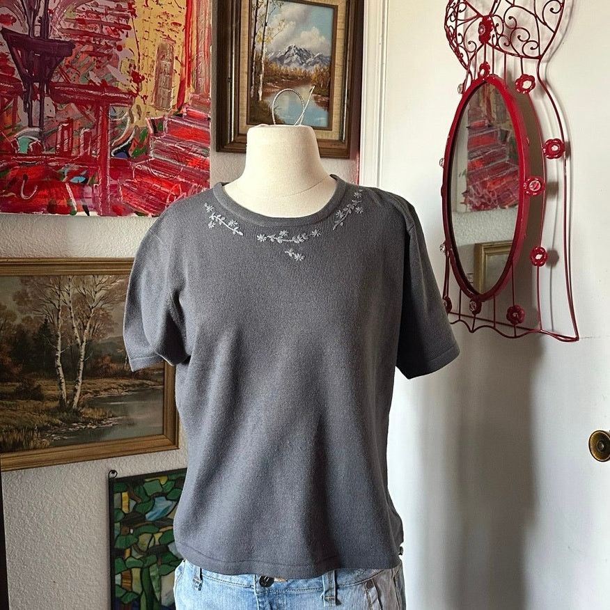 Other kathie lee gray floral embroidered short sleeve shirt Size L / US 10 / IT 46 - 1 Thumbnail