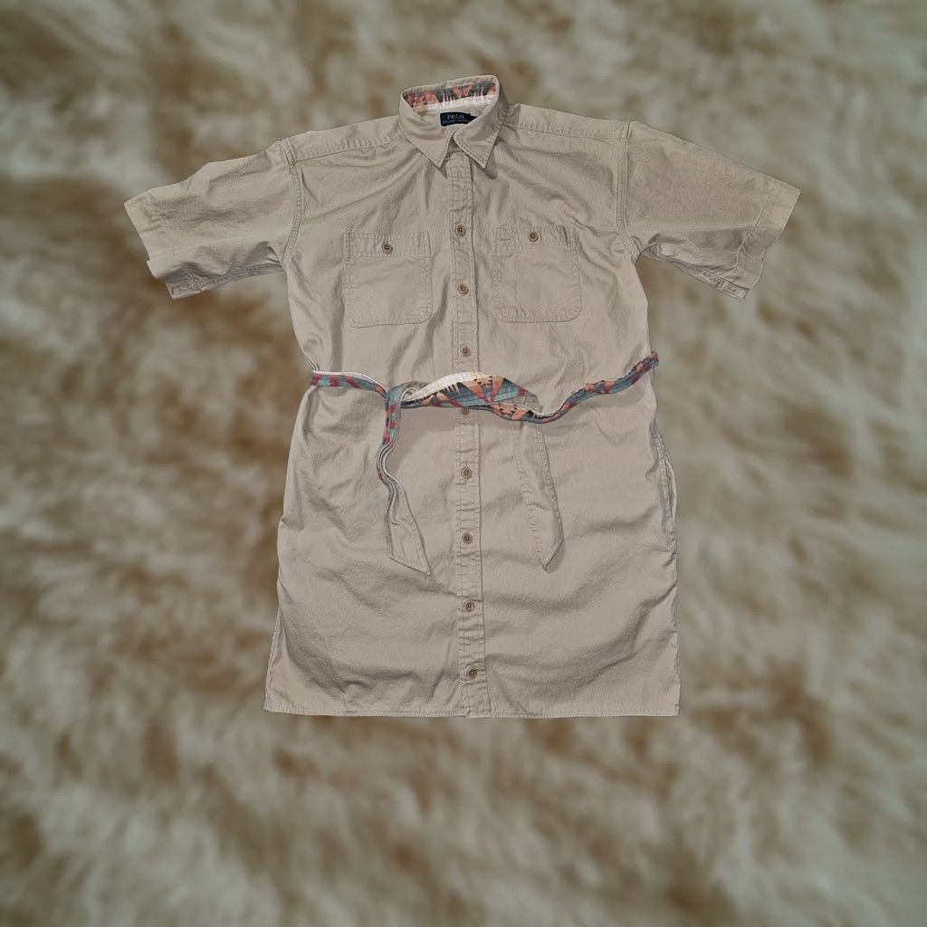Polo Ralph Lauren Polo Ralph Lauren Shirt Dress Womens 4 Beige Short Sleeve Belted Cotton Twill Size S / US 4 / IT 40 - 1 Thumbnail