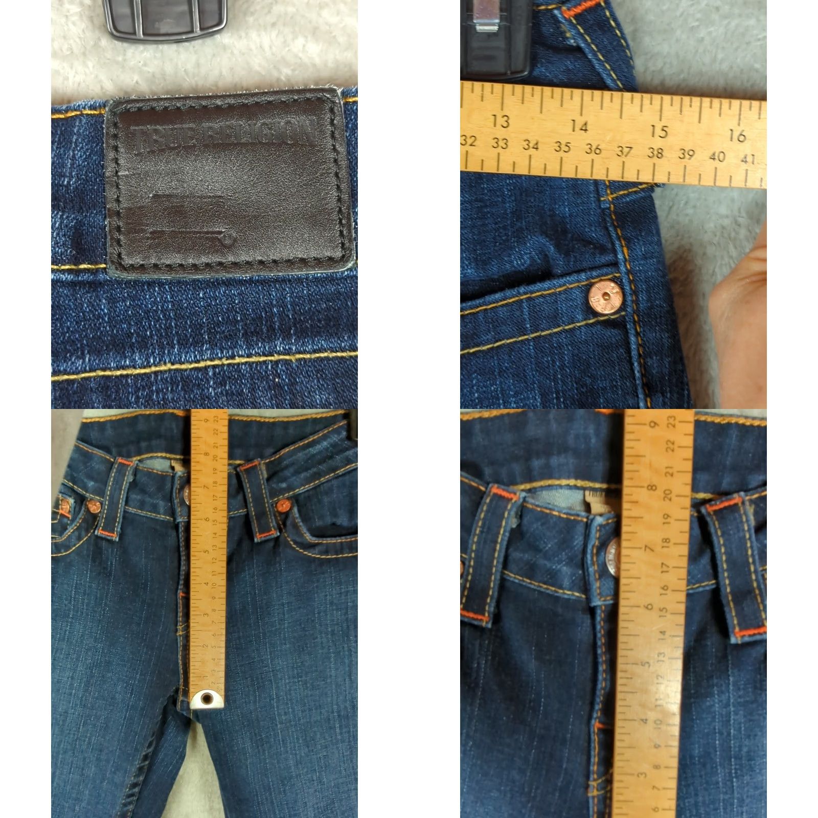 True Religion VINTAGE True Religion Jeans 5-Pocket Regular Bootcut Blue Women 29 Dark Wash Cotton Elastane Belt Loops Zip Pocket Design American Theme Size 29" - 8 Thumbnail