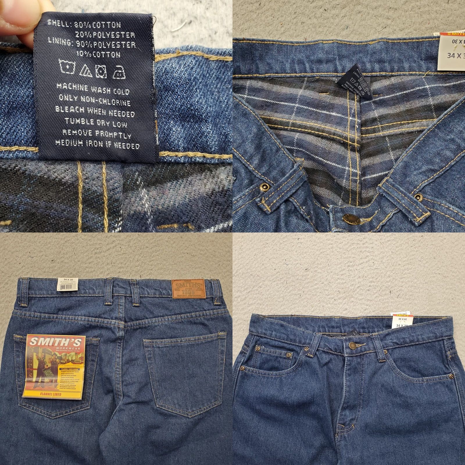 Vintage Smith’s Workwear Jeans Mens 34x30 Blue Denim Flannel Lined Grunge Straight Leg Shirt? Size US 34 / EU 50 - 8 Thumbnail