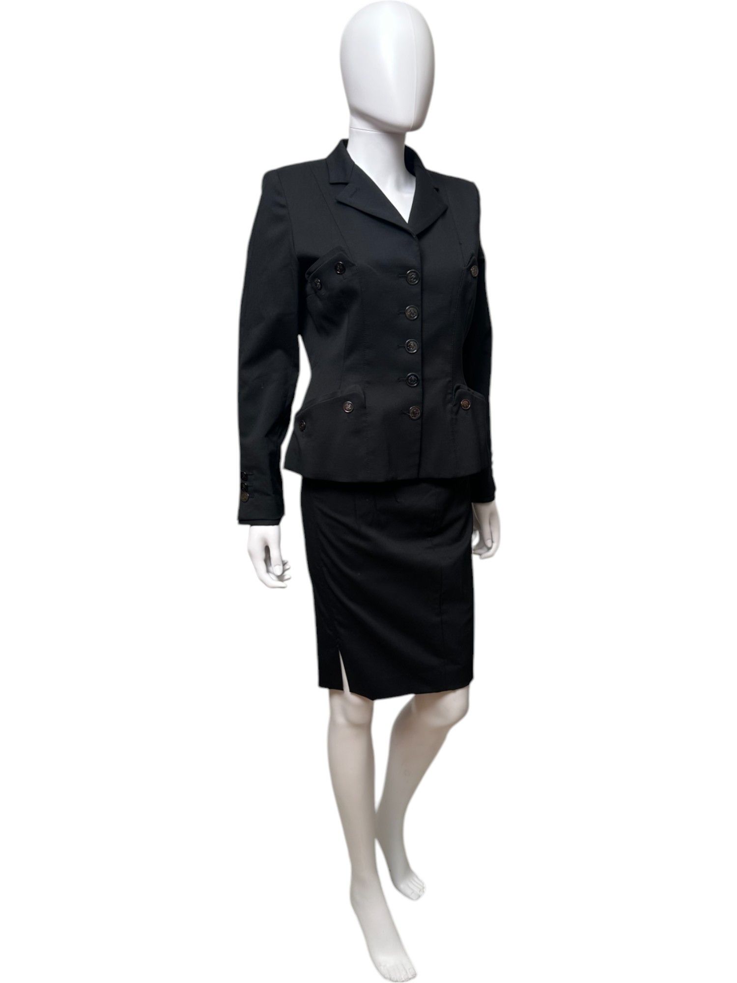 Roberto Cavalli S/S 2008 Buttoned Pockets Wool Black Tailleur Size M / US 6-8 / IT 42-44 - 2 Thumbnail