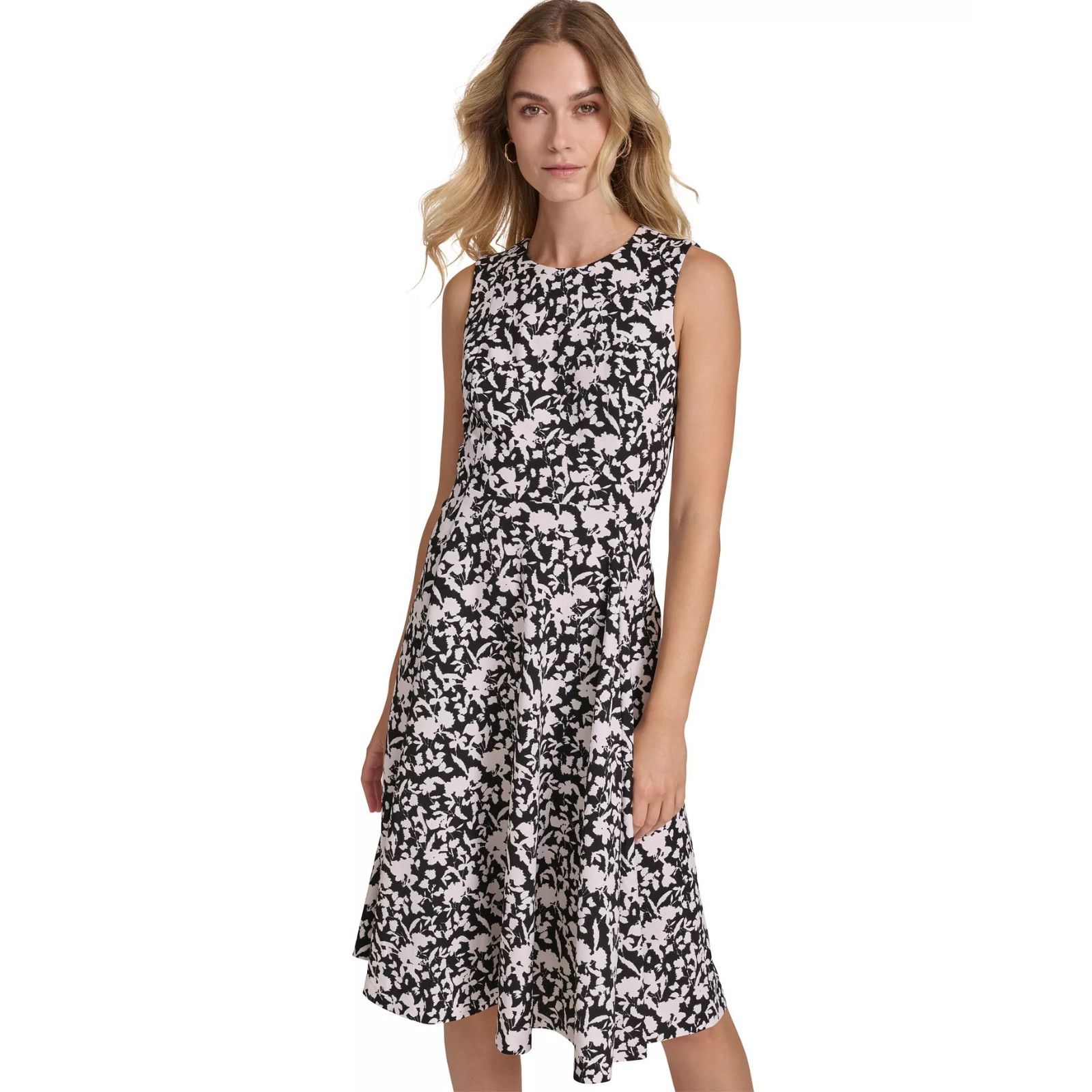 Calvin Klein Calvin Klein Black Cream Printed Scuba Crepe A Line Dress Size XS / US 0-2 / IT 36-38 - 4 Thumbnail