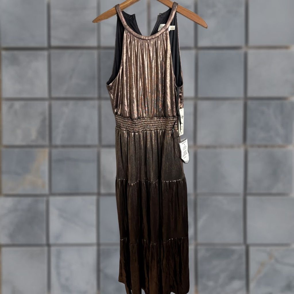 Vintage Eliza J Dress Womens 10 Halter Maxi Sleeveless Evening Gown Bronze Metallic Party Formal Wedding Size L / US 10 / IT 46 - 1 Thumbnail