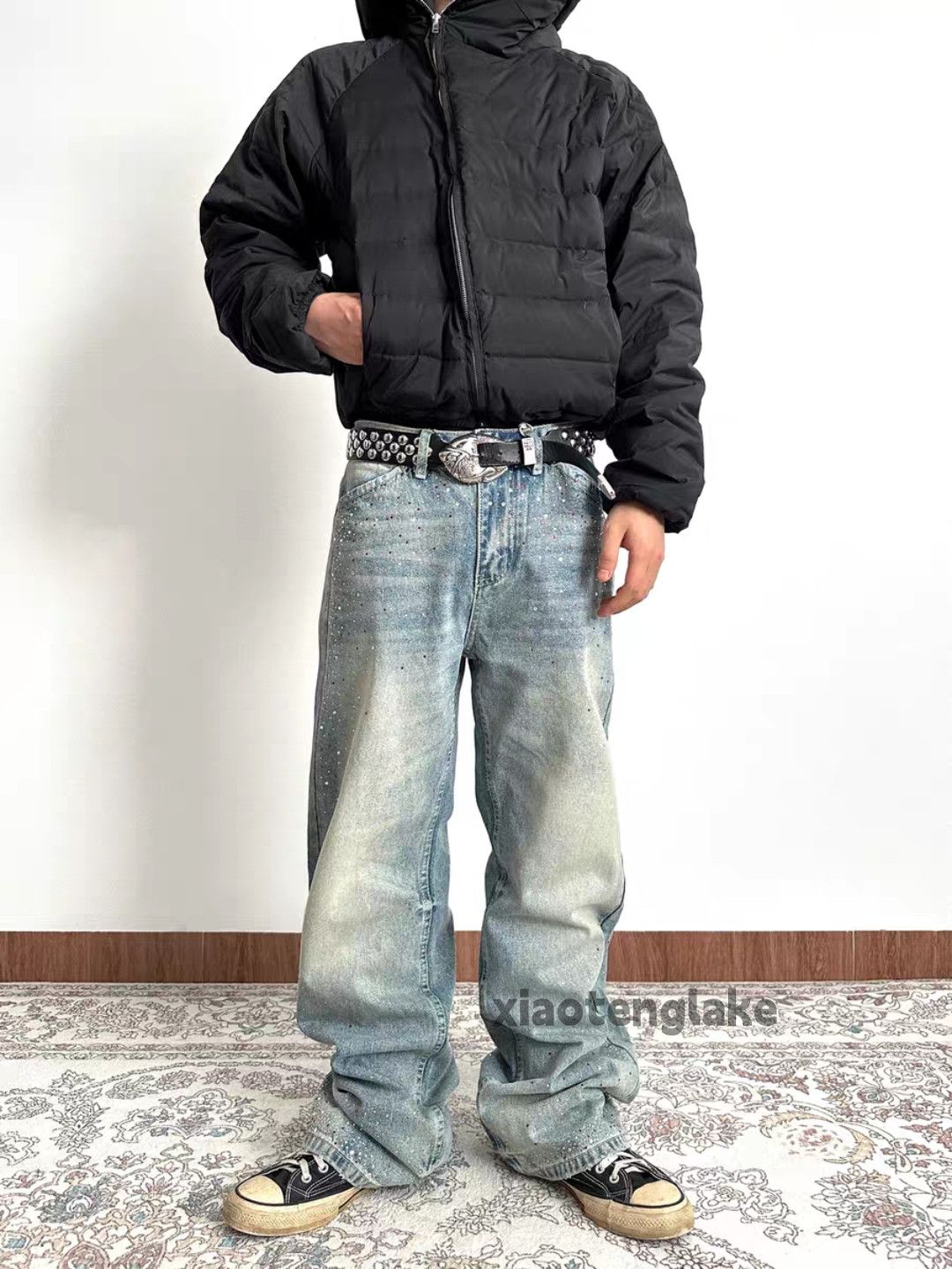 xz vintage distressed faded wide Leg flared hiphop jeans