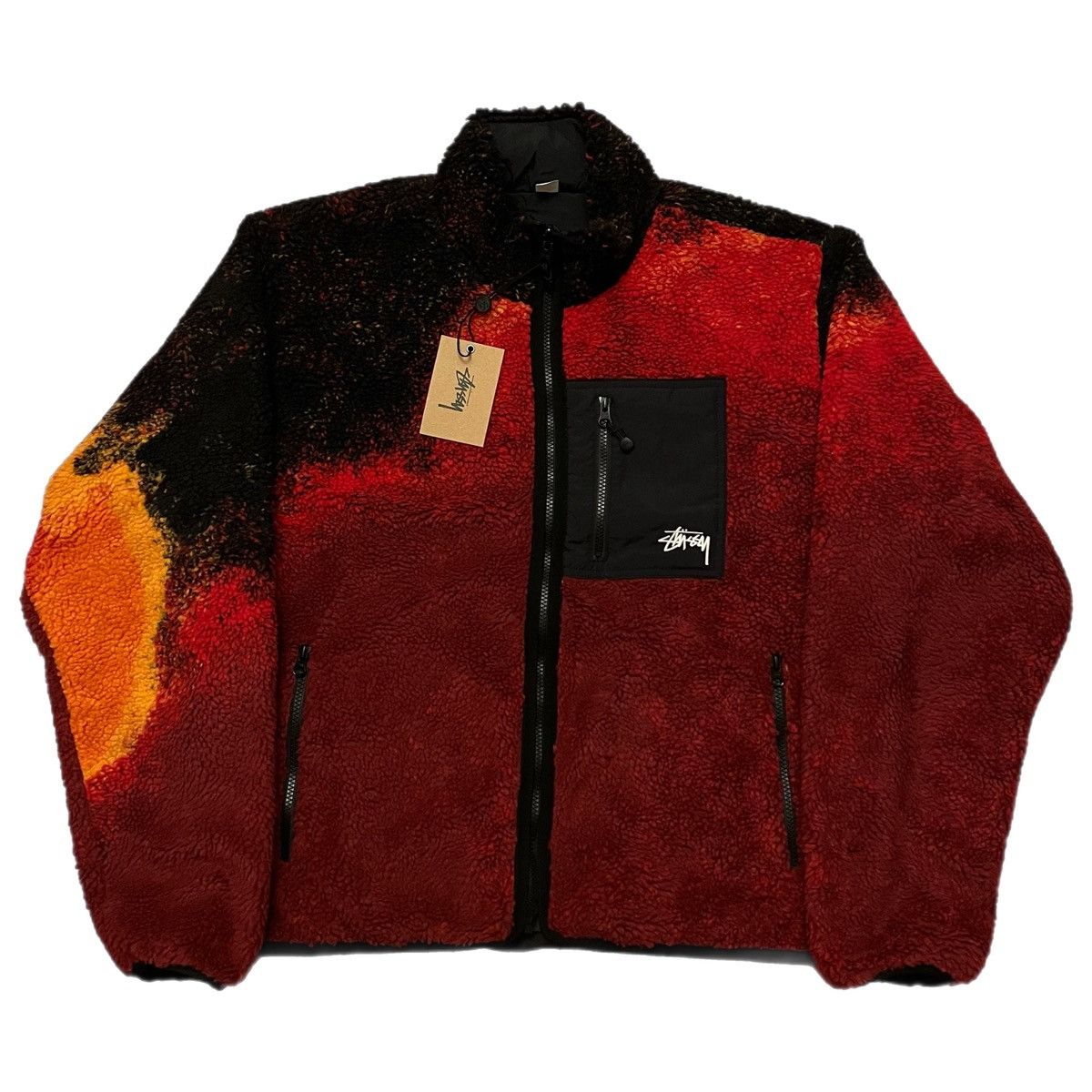 image of Hypebeast x Stussy Sherpa Reversible “Lava” Zip-Up Jacket in Red, Men's (Size Medium)