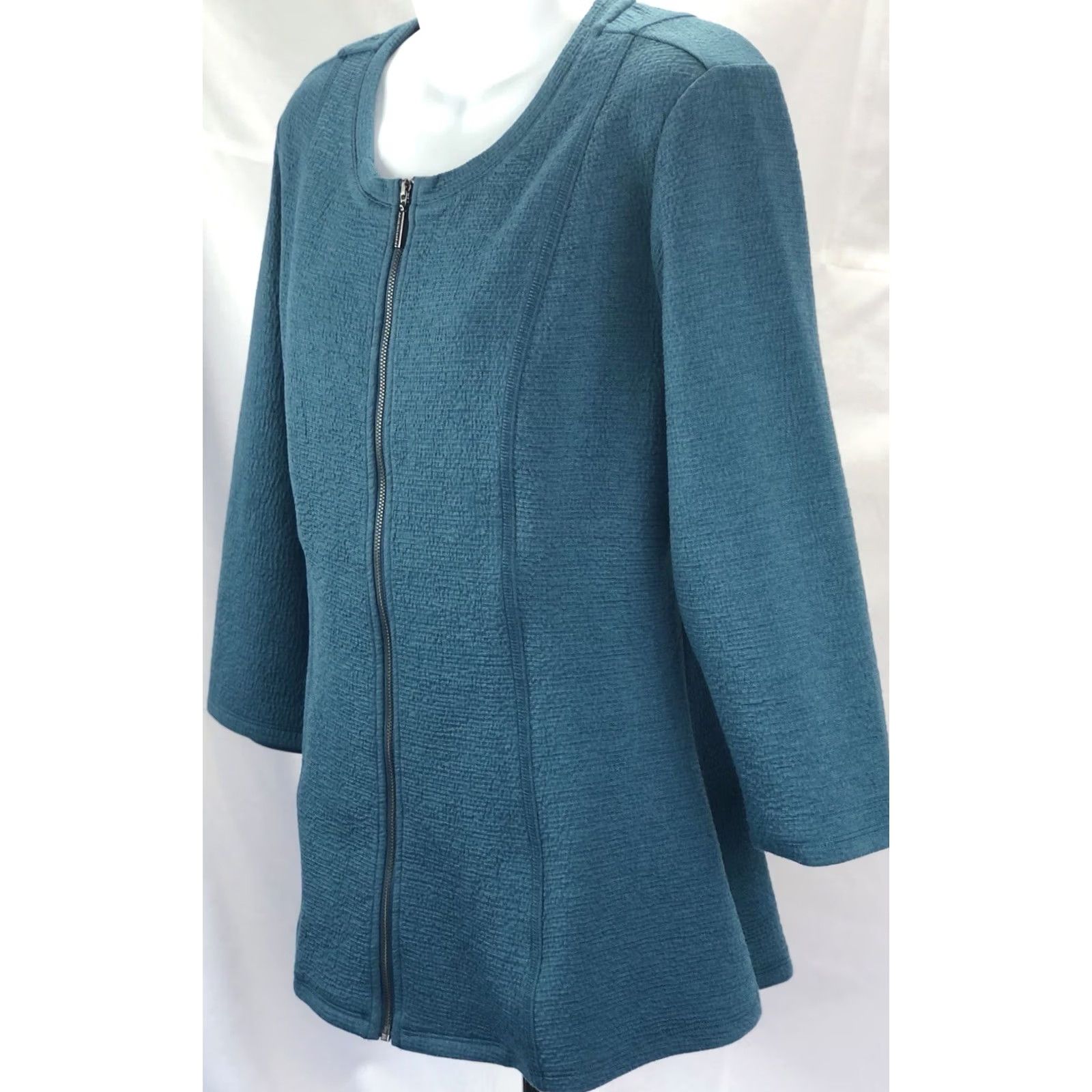 Vintage H by Halston Blouse Teal Zip Front Scoop Neck 3/4 Sleeve Peplum Shirt Womens S Vintage: No Size S / US 4 / IT 40 - 3 Thumbnail