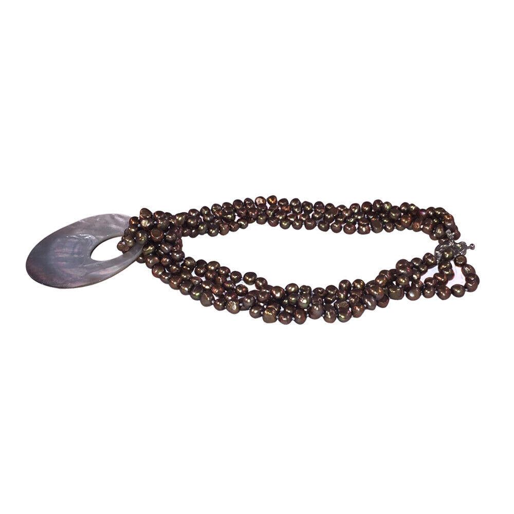 Designer Gray Pearl Torsade Necklace with Abalone Shell Disc Pendant Size ONE SIZE - 3 Thumbnail