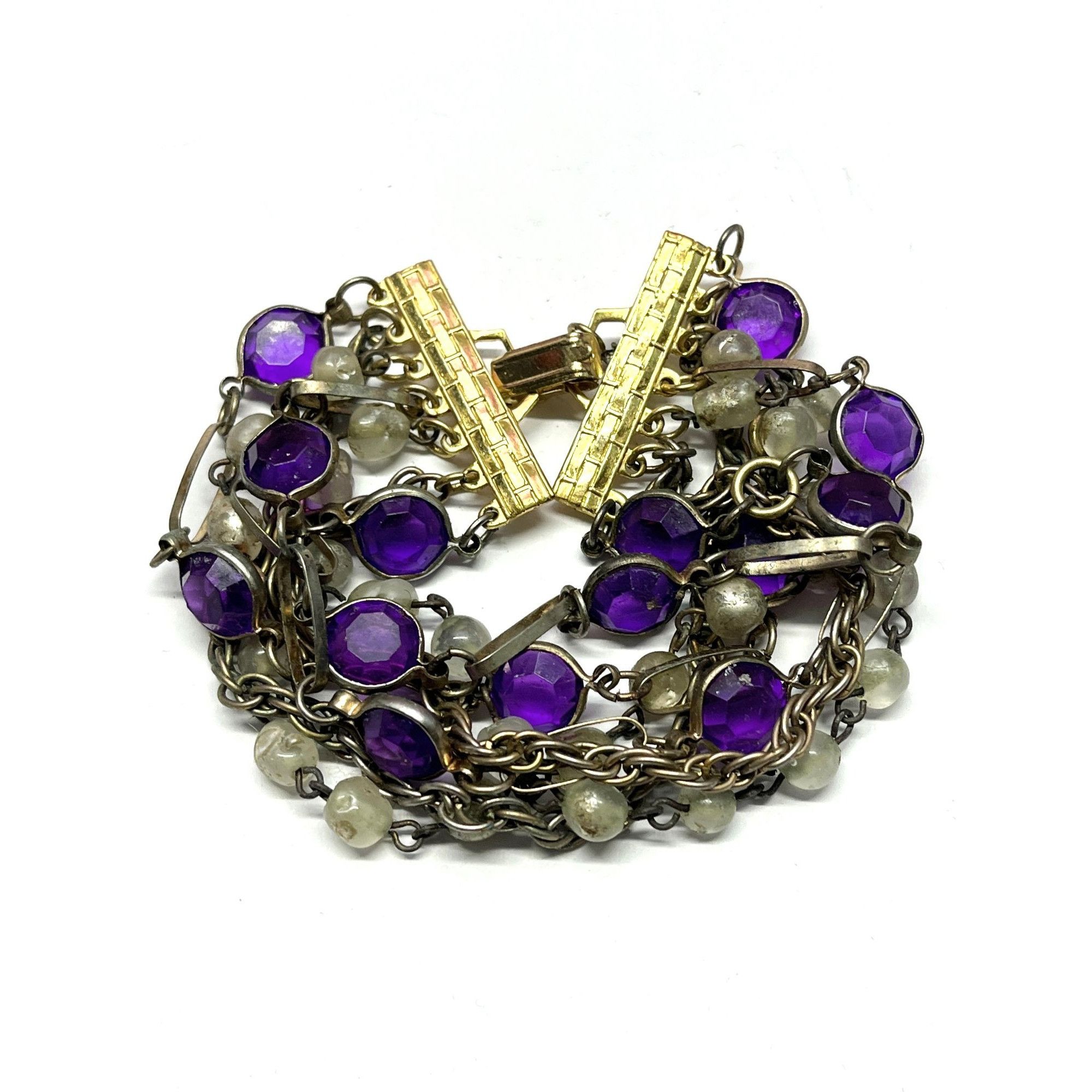 Vintage Purple Crystal Pearl Chain Bracelet