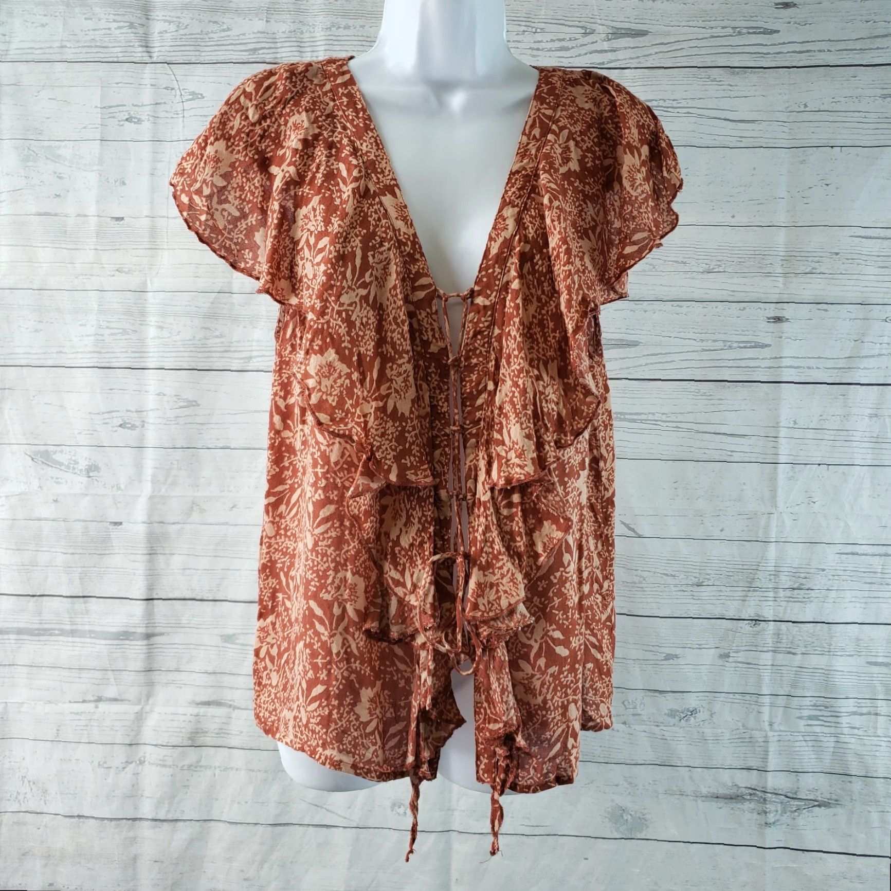 Vintage Amuse Society Blouse Shirt Womens Solana Top L Rust Red Lace Up Front Ruffle Floral Short Sleeve Vintage No Size L / US 10 / IT 46 - 2 Thumbnail