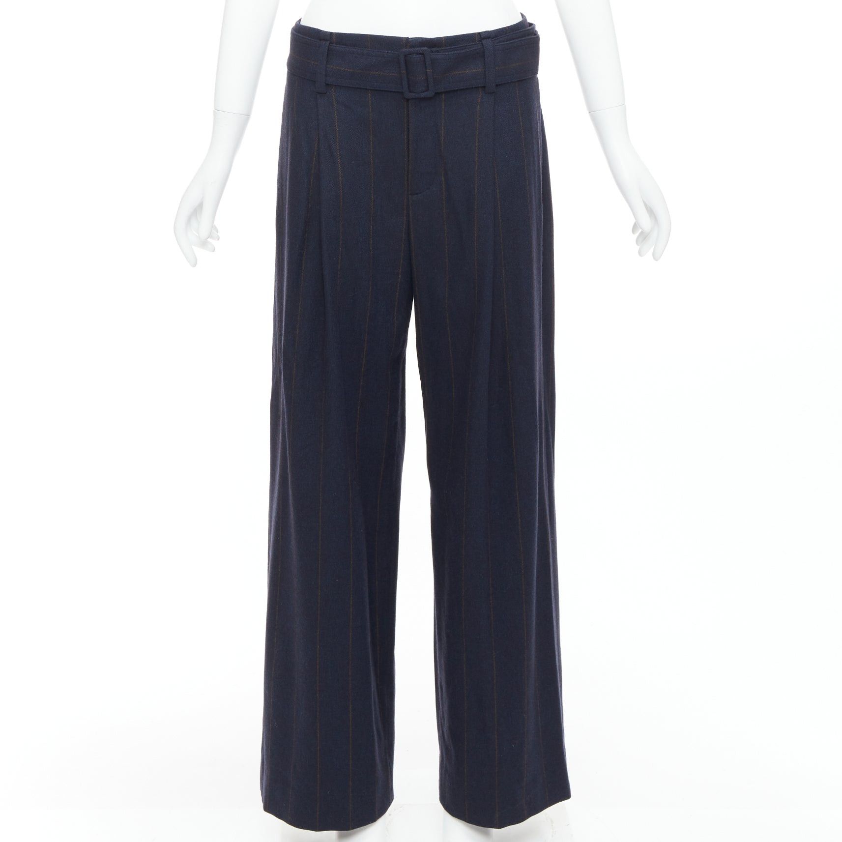 Vince VINCE navy brown wool blend pinstripe belted wide leg trousers US6 M Size 28" / US 6 / IT 42 - 1 Thumbnail