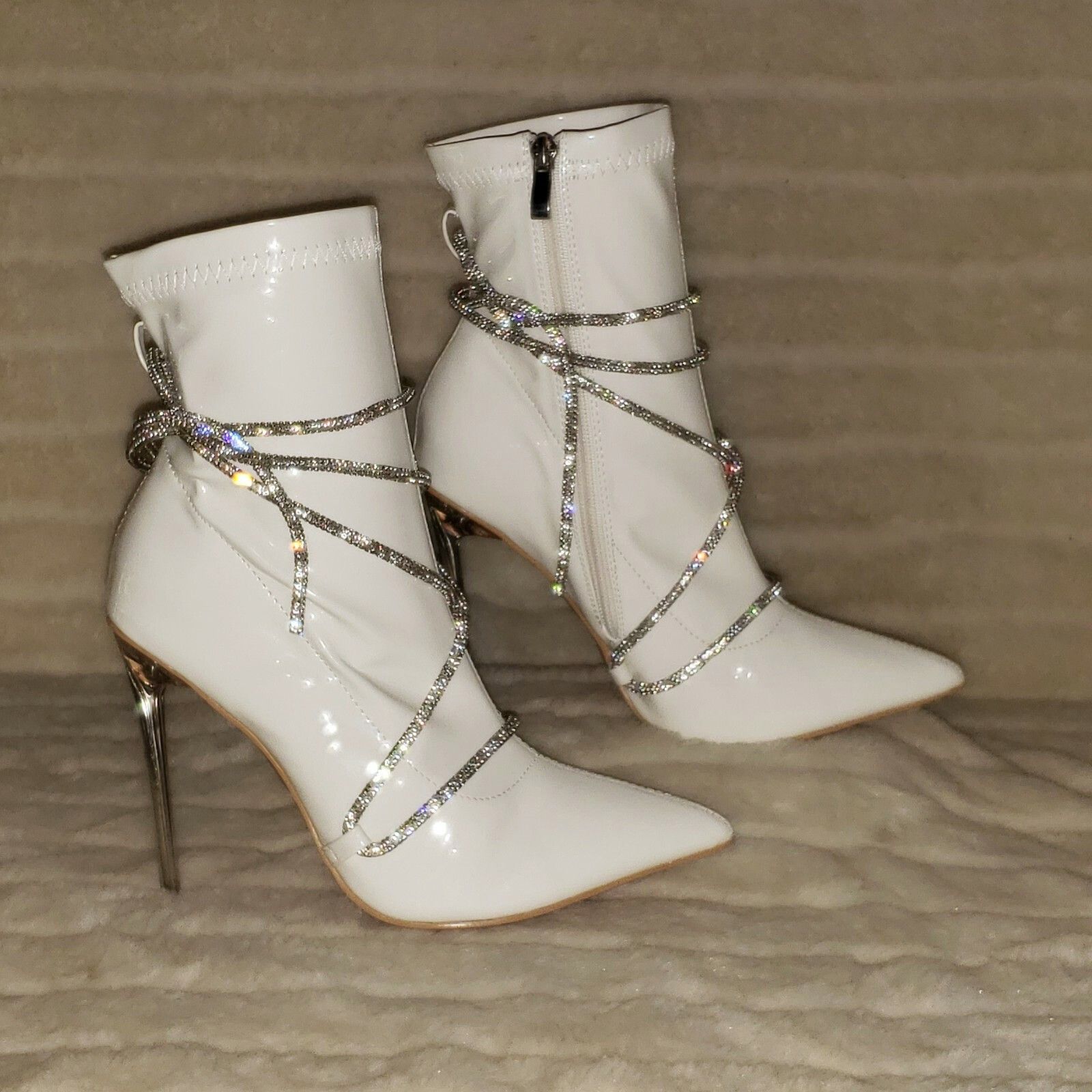 Other Destiny White Stretch Patent Cable Rhinestone Strap High Hee Size US 7 / IT 37 - 8 Thumbnail