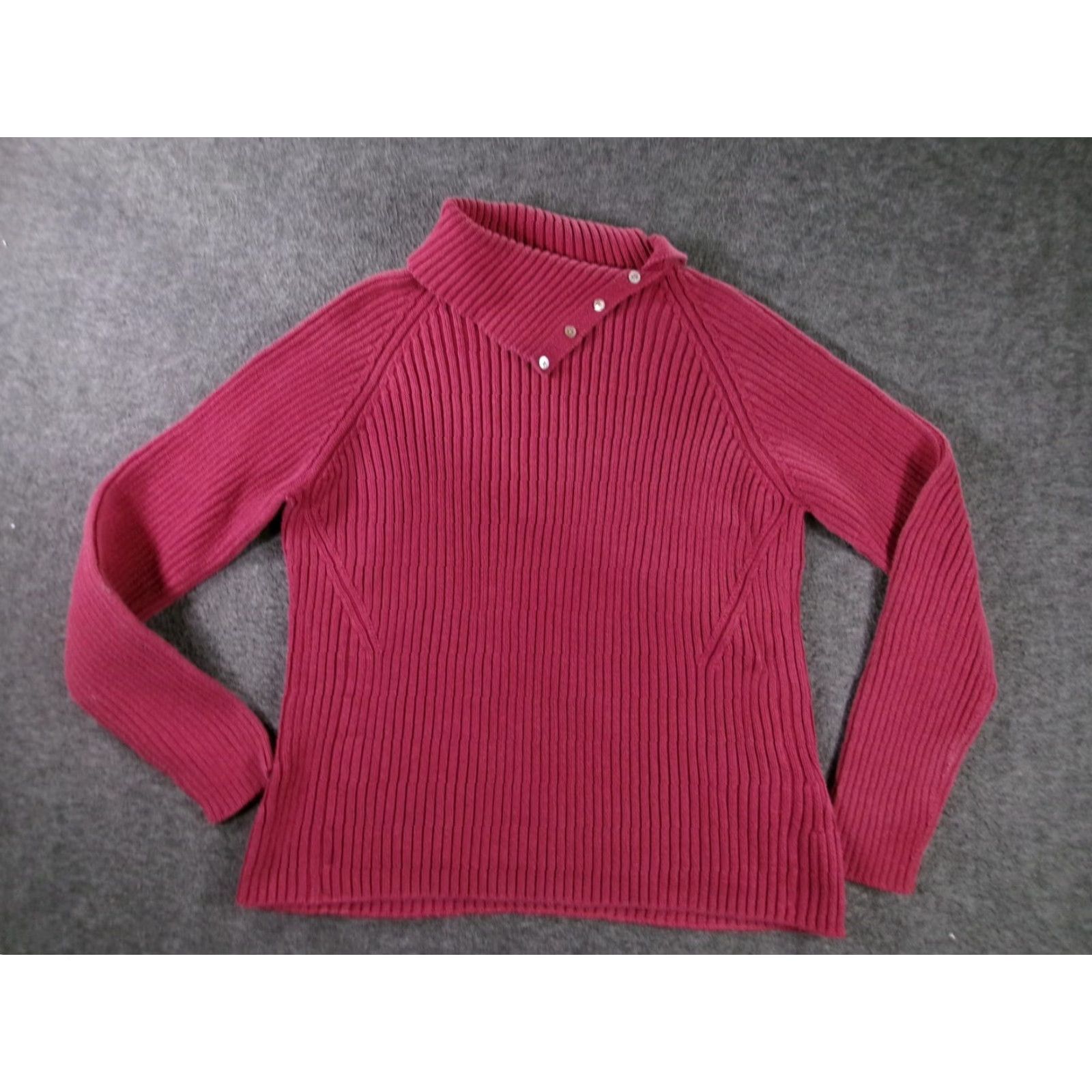 Lands' End Lands' End Sweater Womens M Ribbed Funnel Neck Button Raglan Cotton Burgundy Size M / US 6-8 / IT 42-44 - 2 Thumbnail