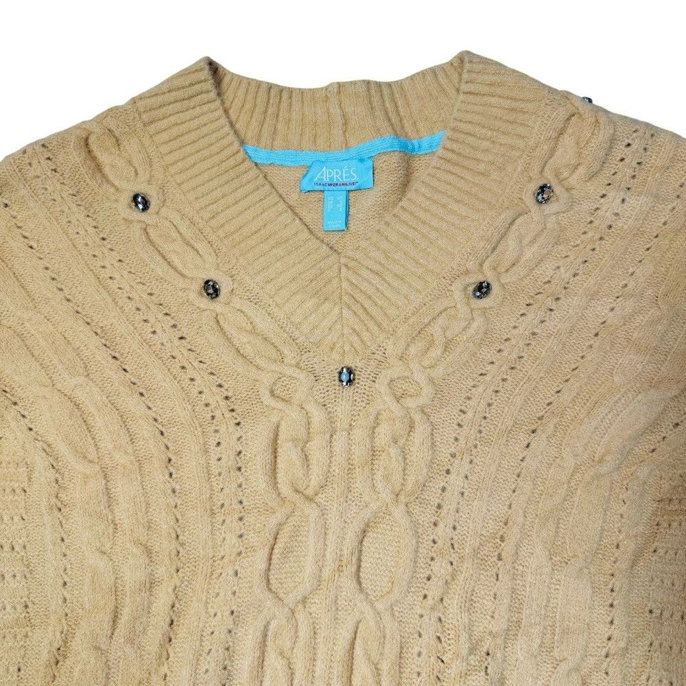Isaac Mizrahi New Isaac Mizrahi Live! Apres V-Neck Cable Stitch Fawn Swea Size XS / US 0-2 / IT 36-38 - 3 Thumbnail