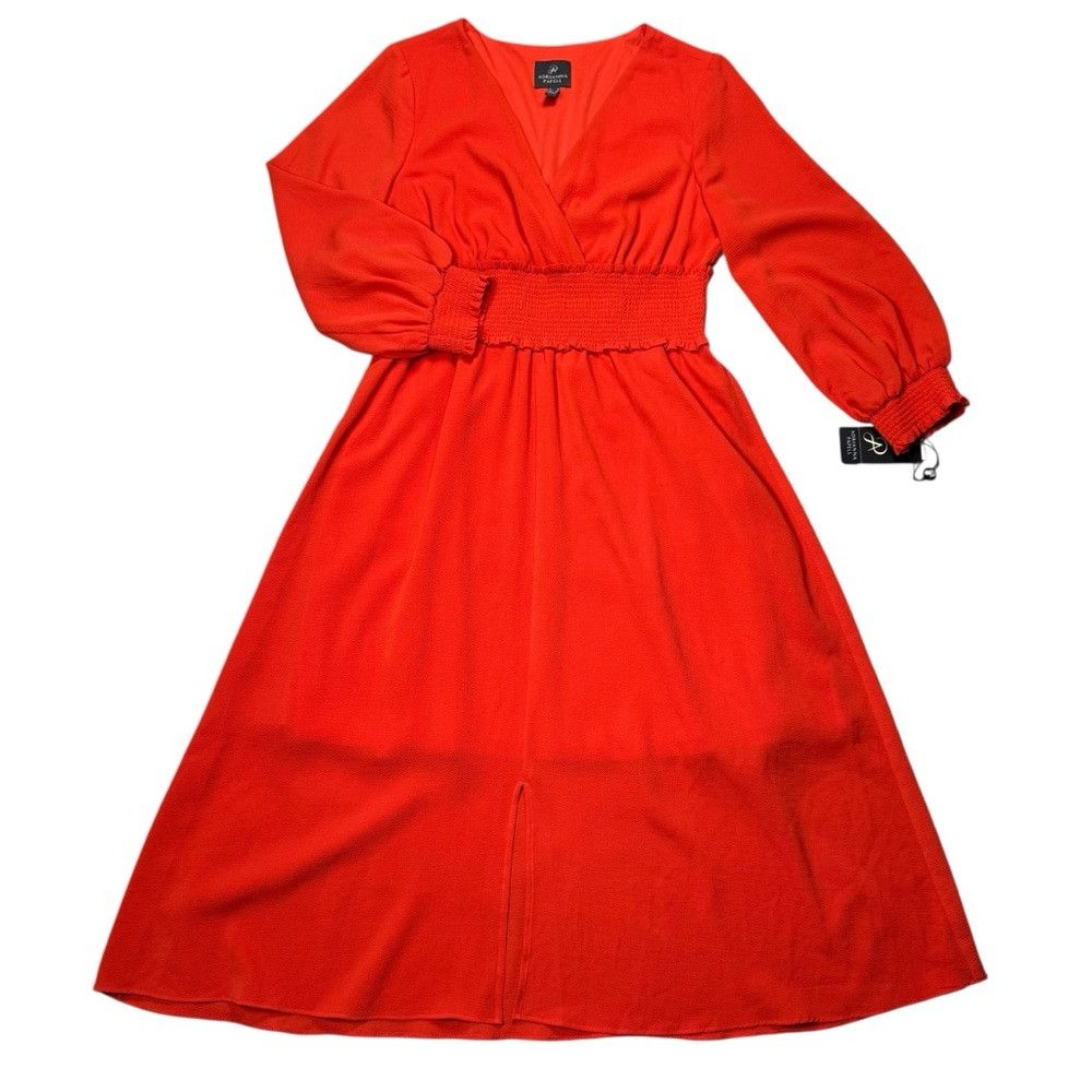 Adrianna Papell Adrianna Papell V-Neck Long Sleeve Smocked Waist Burnt Oran Size L / US 10 / IT 46 - 2 Thumbnail
