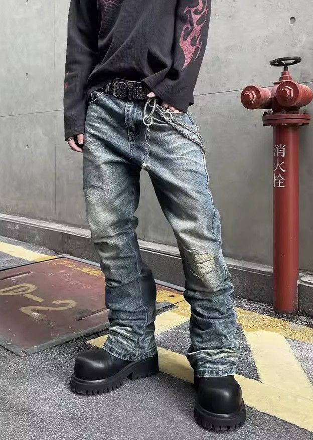 Japanese Brand Blue Distressed Worn Holes Straight Jean Size US 29 - 1 Thumbnail