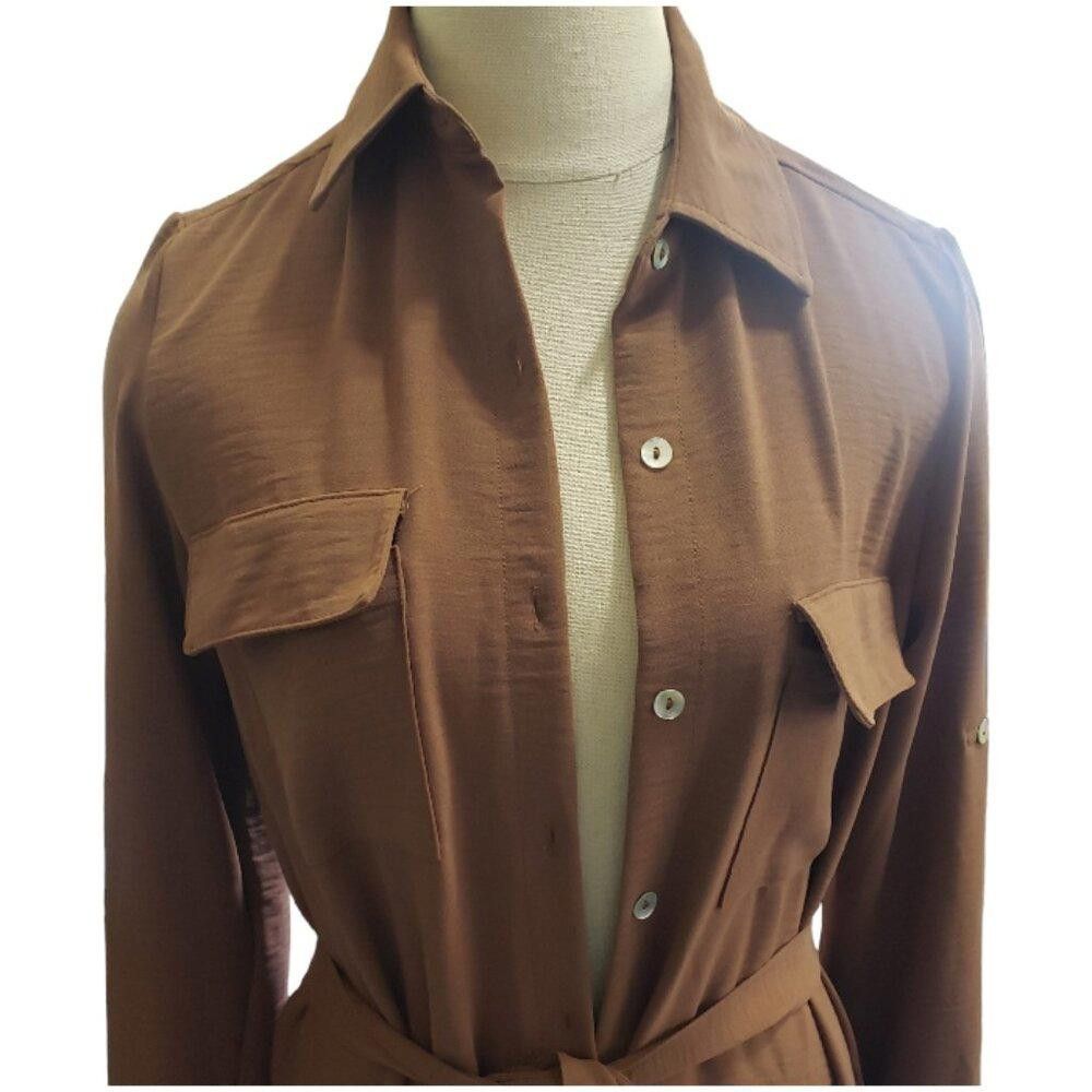 Designer CT226 Spins Button Front Brown Tunic with Sash and Pockets S Size S / US 4 / IT 40 - 2 Thumbnail