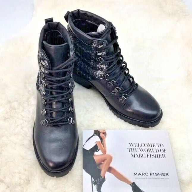 Marc Fisher MARC FISHER Lanzia 3 Leather Bootie Plaid Wool Lace Up Black 6 M BLK New 45 Size US 6 / IT 36 - 2 Thumbnail
