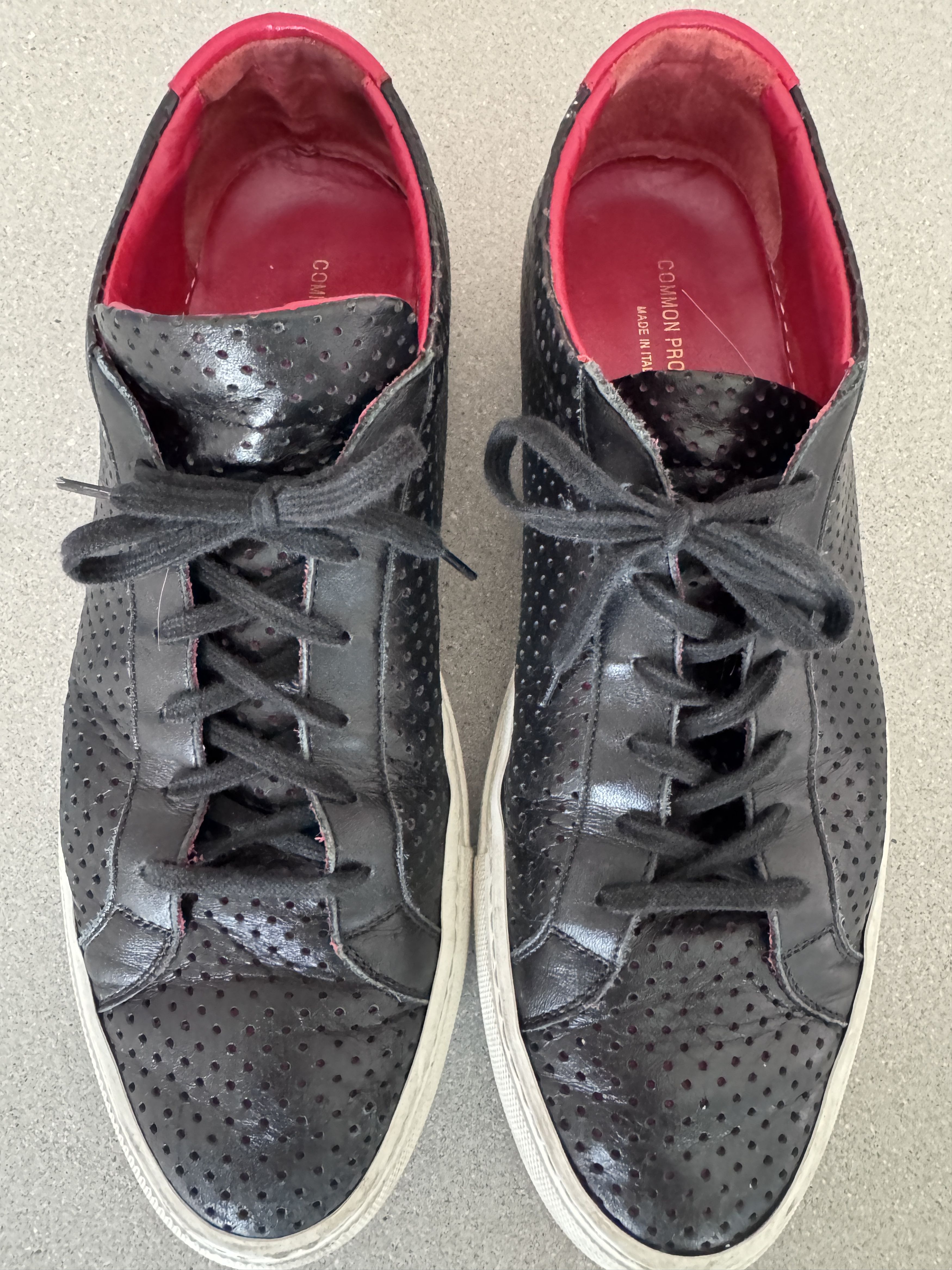 Common Projects Achilles Black Perforateed With Red Leather Insole Shoes, Men's (Size 13)