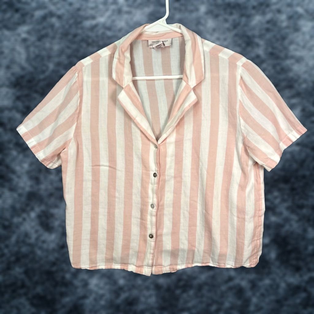 Pinko Sincerely Jules Shirt Womens Medium Pink Striped Button-Front Cropped Short Sleeve Collared Shirt Size M / US 6-8 / IT 42-44 - 1 Thumbnail