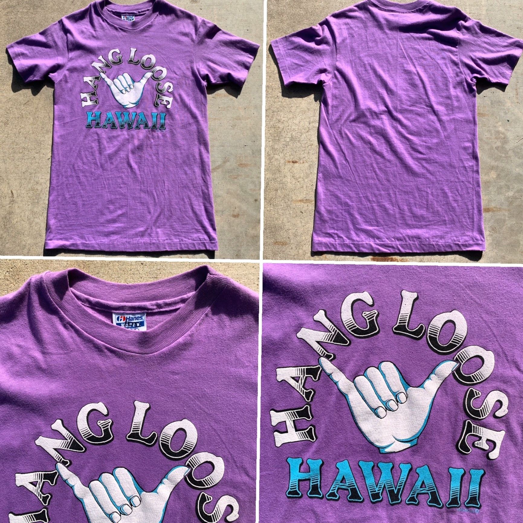 Hanes Vintage Hang Loose Hawaii T-Shirt Single Stitch Made In USA M 38-40 Mens Graphic Tee Hawaii Purple Cotton 1980s Hanes Regular US Vintage Iron-on? Size US M / EU 48-50 / 2 - 2 Thumbnail