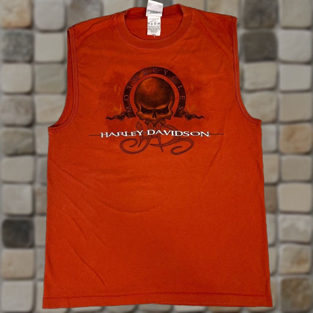 Harley Davidson Vintage Harley-Davidson Maui Hawaii Sleeveless Tee Men L Burnt Orange 2006 Made in USA T-Shirt Crew Neck Motorcycle Double-Sided Mens Size US L / EU 52-54 / 3 - 1 Thumbnail