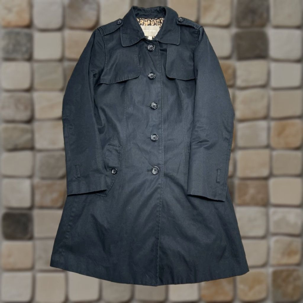 VINTAGE Banana Republic Trench Coat Womens Small Black Cotton Leopard Lined Back Vent