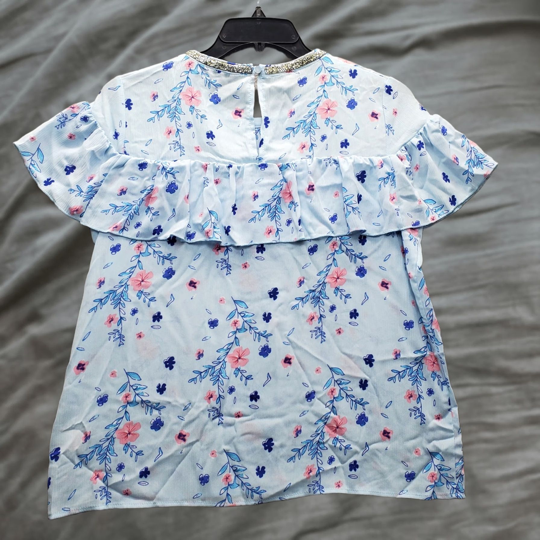 Juicy Couture Juicy Couture Blouse Womens L Multicolor Floral Ruffle Rhinestone Crew Neck Sleeveless Top Size L / US 10 / IT 46 - 1 Thumbnail