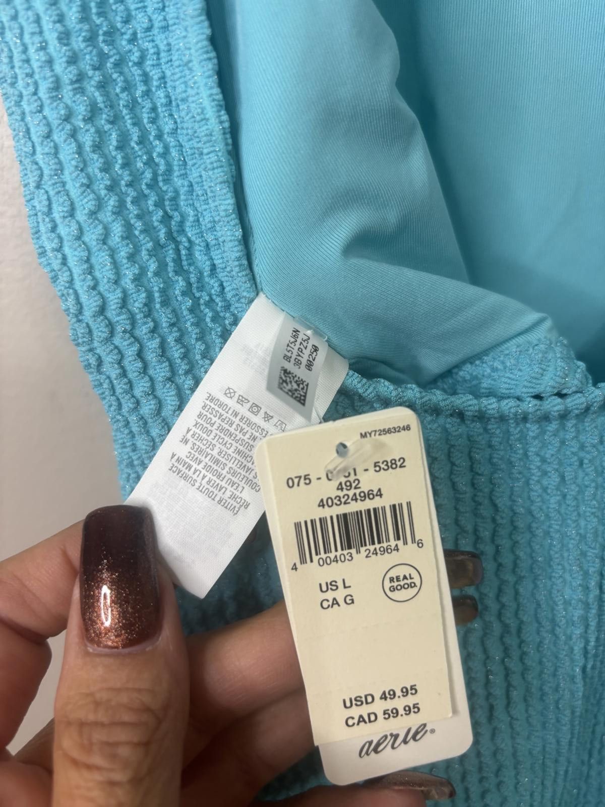 Designer Aerie Aqua Blue Ribbed One-Piece Swimsuit Large Size ONE SIZE - 4 Thumbnail