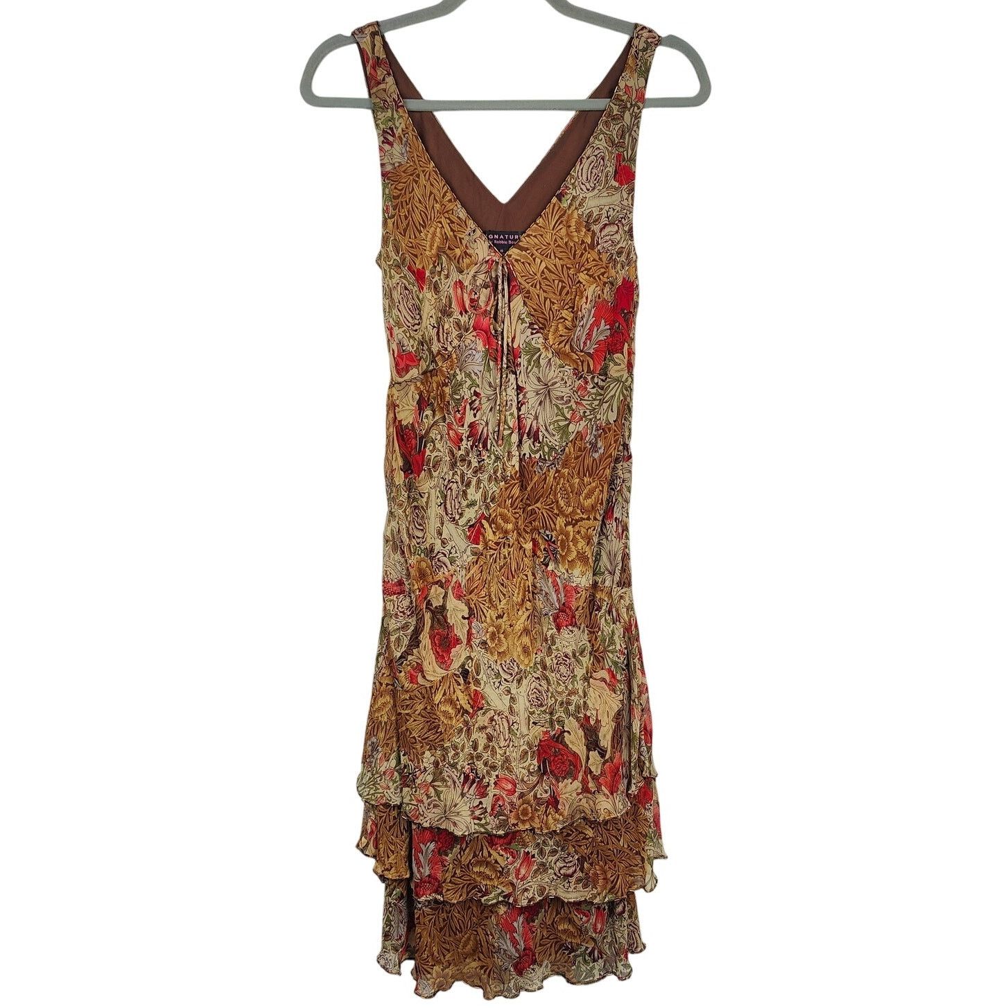 Other Vintage Y2K Silk Tiered Midi Dress Womens 10 Brown Floral Size L / US 10 / IT 46 - 1 Thumbnail