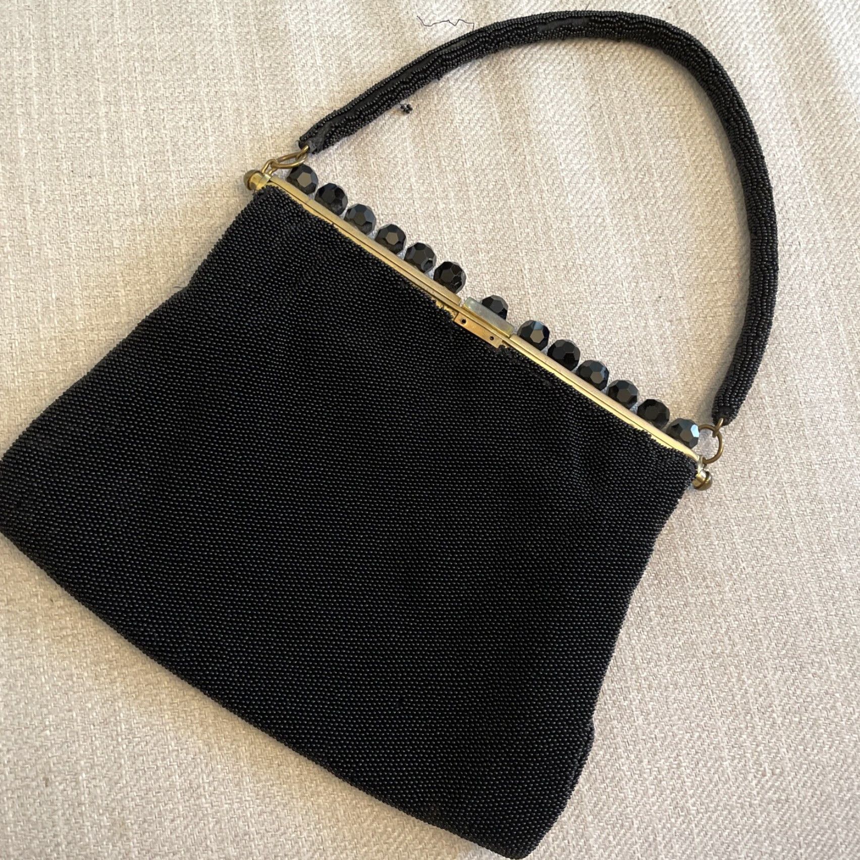 Vintage VINTAGE Black Beaded Evening Bag Handle Small Crystal Brass Handmade in France Women Evening Bag France Crystal Beaded Bag Womens Size ONE SIZE - 6 Thumbnail