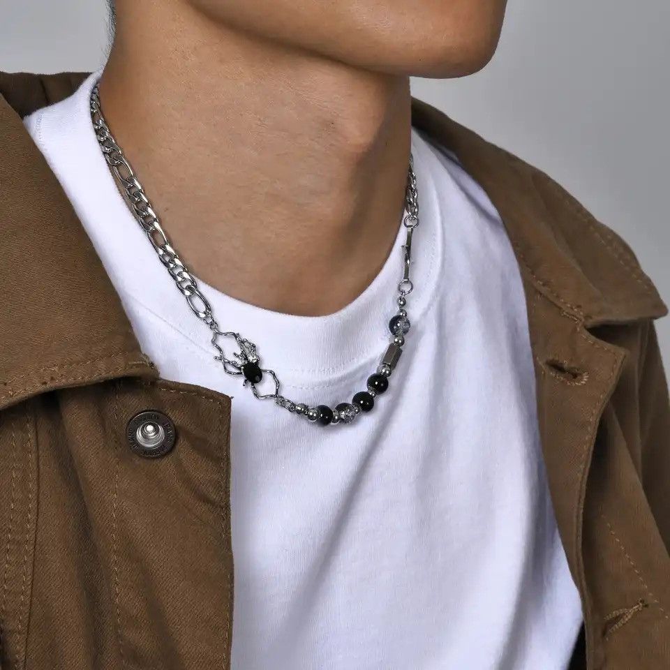 Jewelry 8MM Glass Beads Chain Necklaces Figaro Chain Choker Collar Size ONE SIZE - 1 Thumbnail