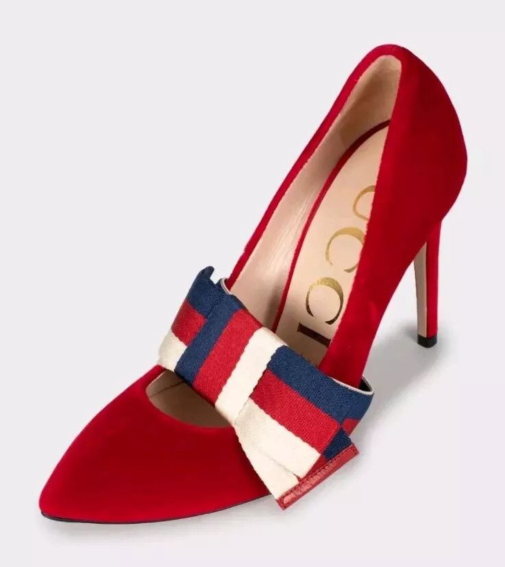 Gucci Red Velvet Sylvie Removable Web Bow pumps