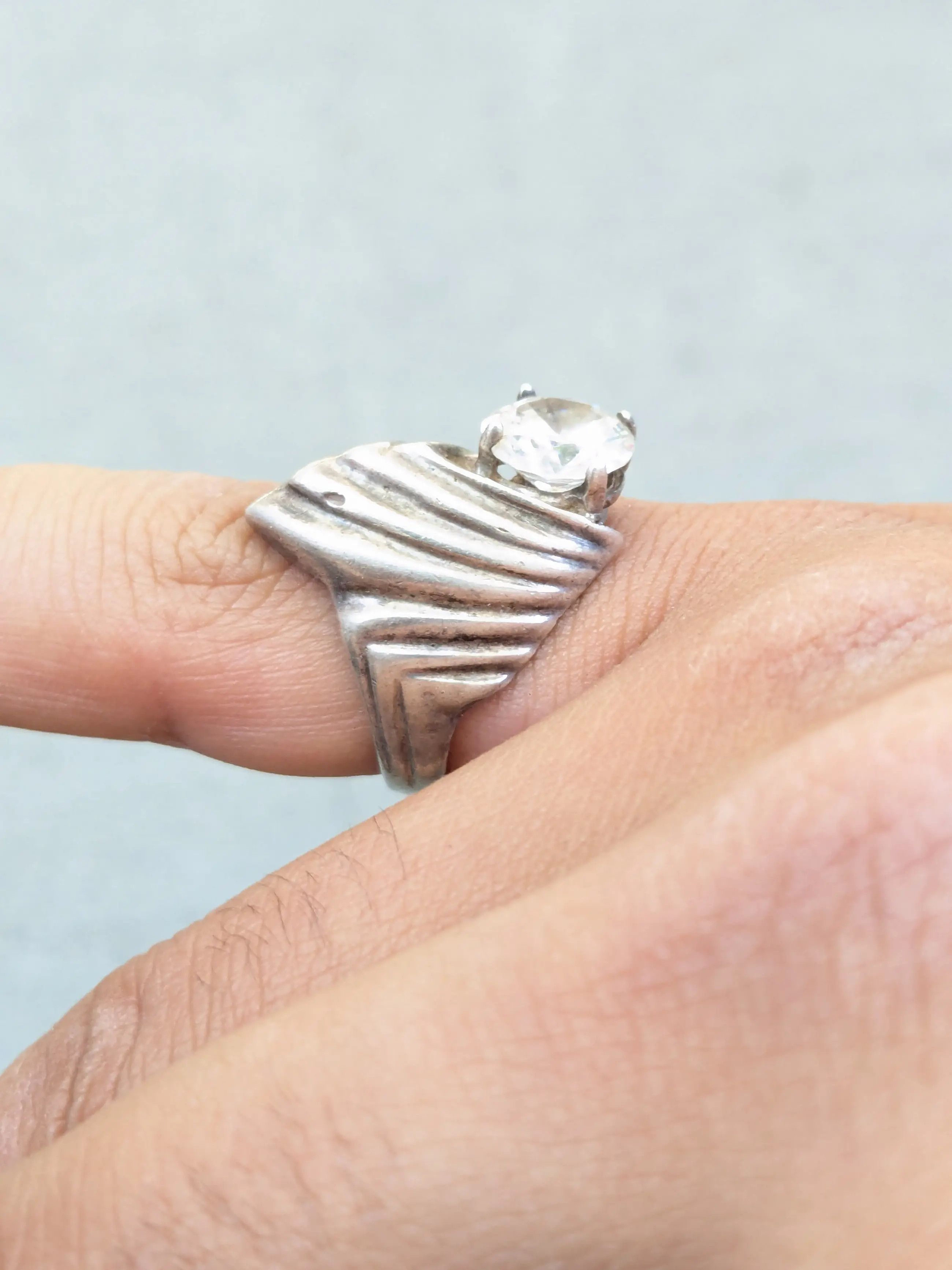 Jewelry × Vintage Sterling Silver Ring CZ Clear Round 7 Mexico Taxco Modern Size ONE SIZE - 16 Thumbnail