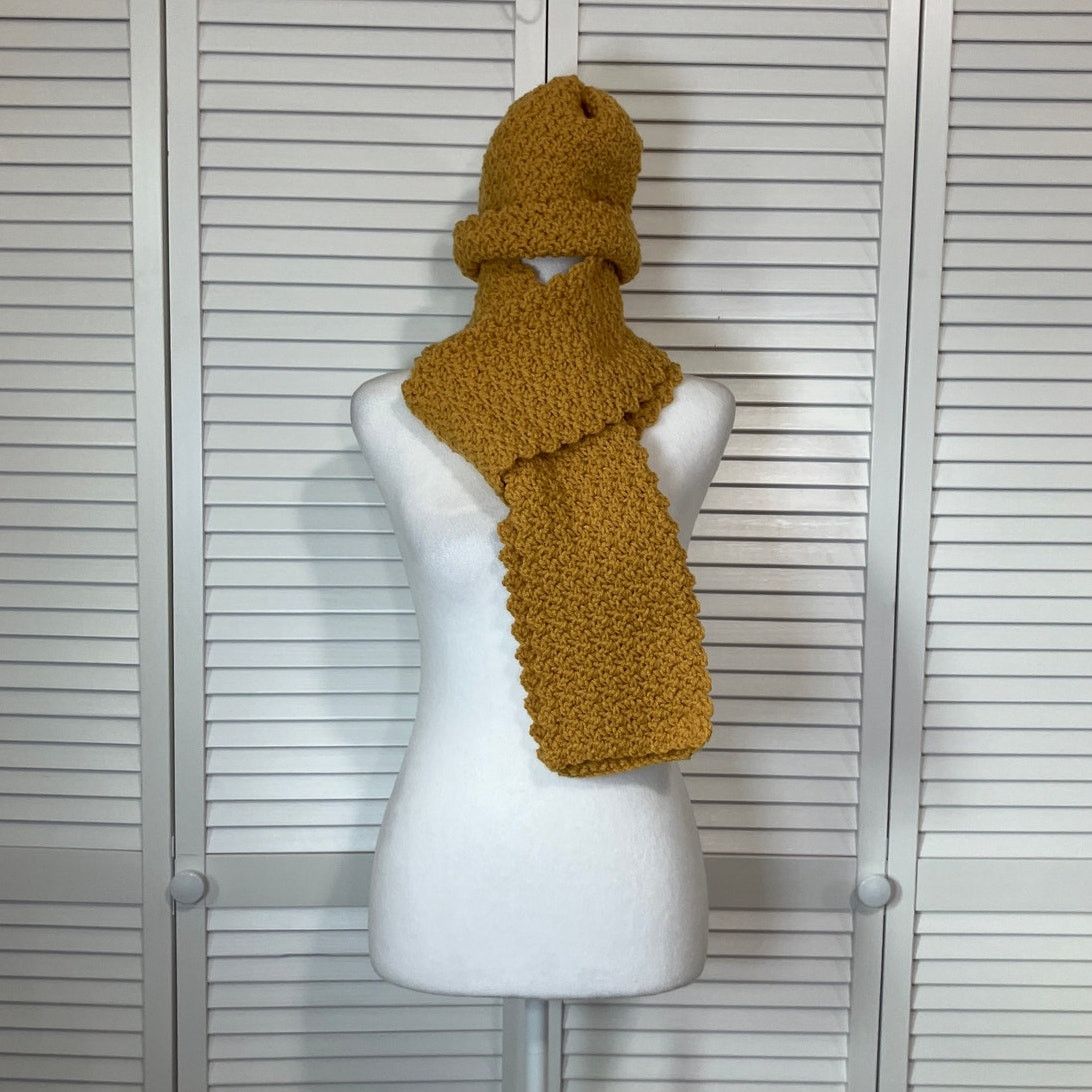 Handmade NWT Handmade Crocheted Mustard Textured Beanie Scarf 71” Size ONE SIZE - 3 Thumbnail
