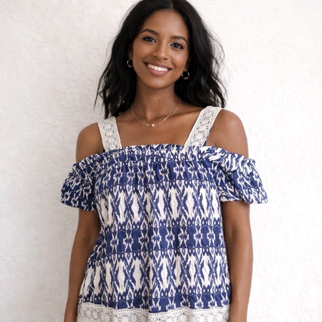 Olive One World Tank Boho Paisley Blue Women’s PM Petite M Fringe Pullover Knit Viscose Cold Shoulder Size M / US 6-8 / IT 42-44 - 2 Thumbnail
