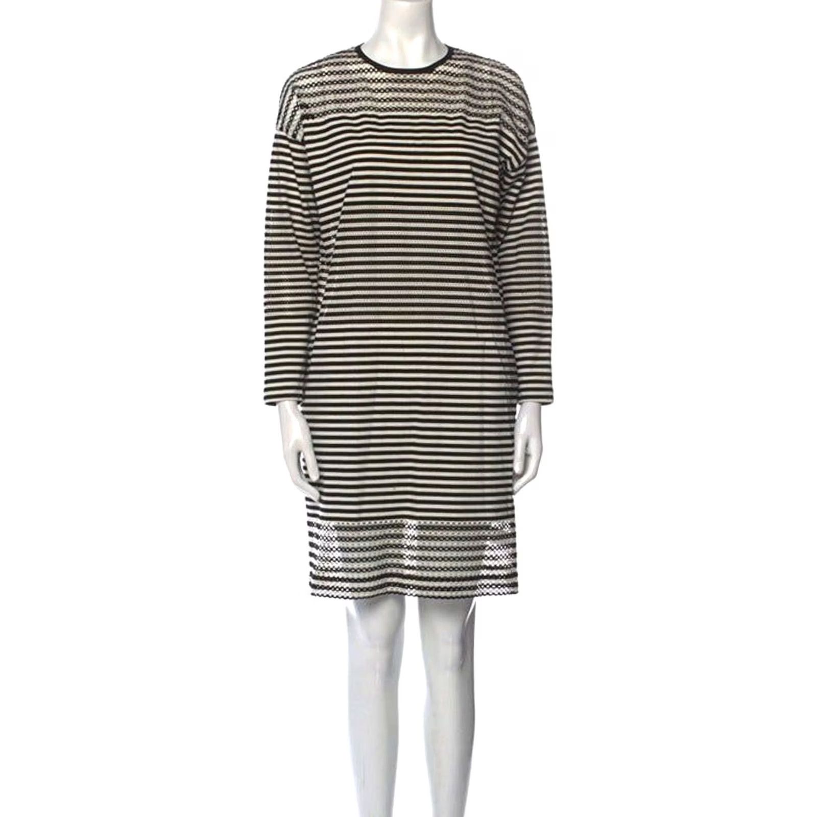 Vintage Akris Punto Shift Dress Womens 12 Knee Length White Black Striped Sheath Crew Neck Zip Back Size XL / US 12-14 / IT 48-50 - 3 Thumbnail