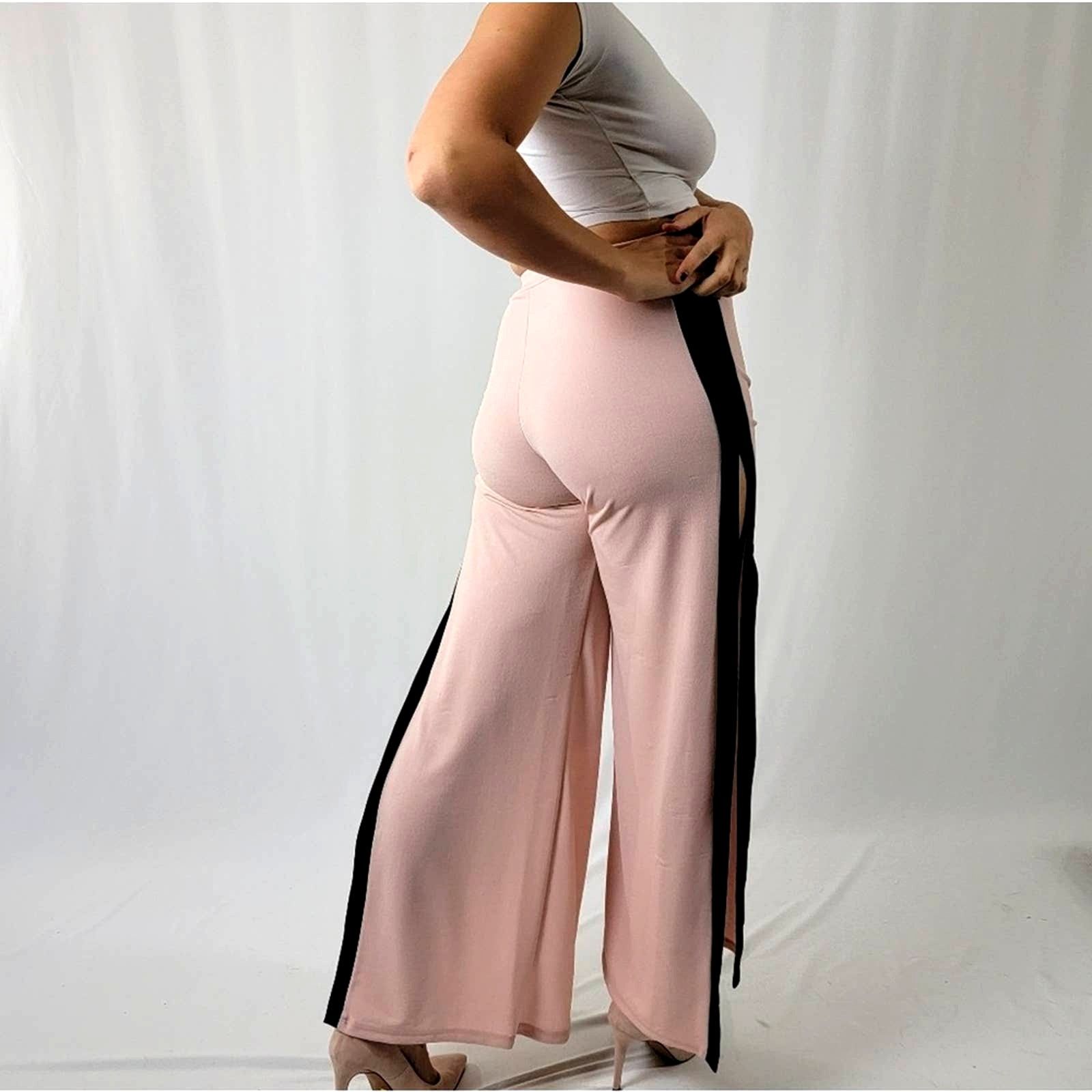 Vintage Vintage 90's Blush Nude Wide Split Leg Track Pants - M Size 28" / US 6 / IT 42 - 3 Thumbnail