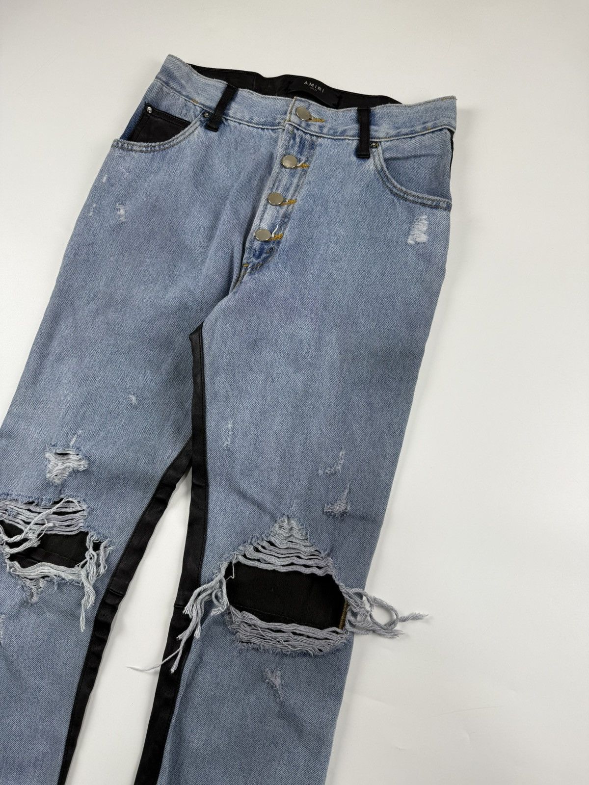 Amiri Amiri Leather & Denim Cropped Flare Jeans Size US 27 - 5 Thumbnail