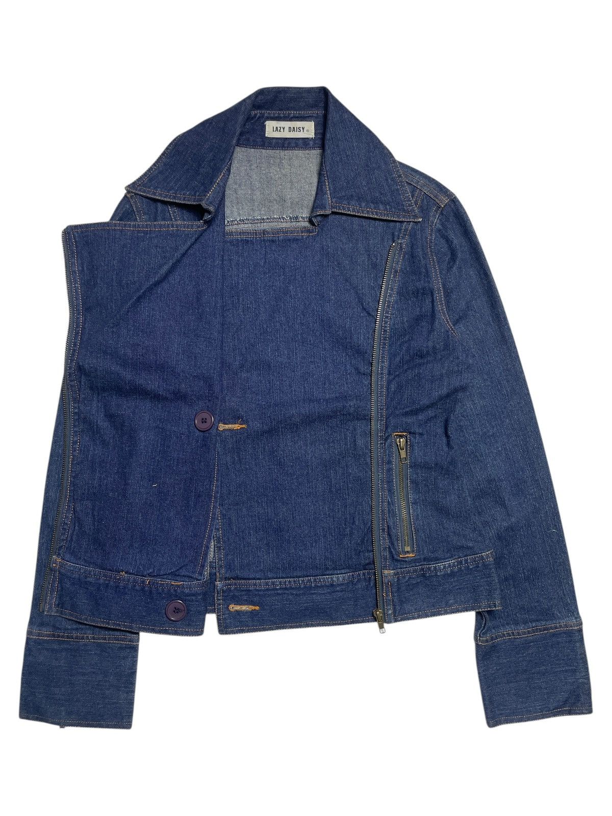 Angel Blue 2000’s Lazy Daisy - Asymmetrical Bikers Crop Denim Jacket Size M / US 6-8 / IT 42-44 - 6 Thumbnail