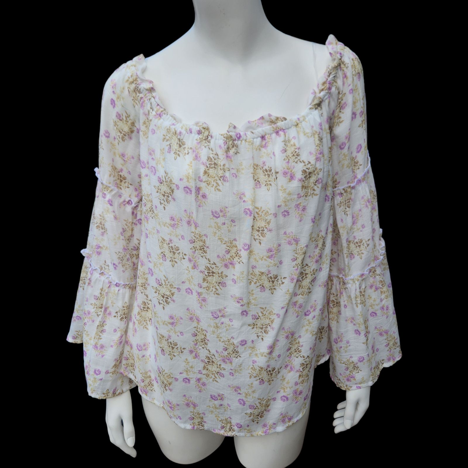 rue21 Rue21 Purple Ivory Floral Blouse Size Large Bell Sleeves Size L / US 10 / IT 46 - 2 Thumbnail