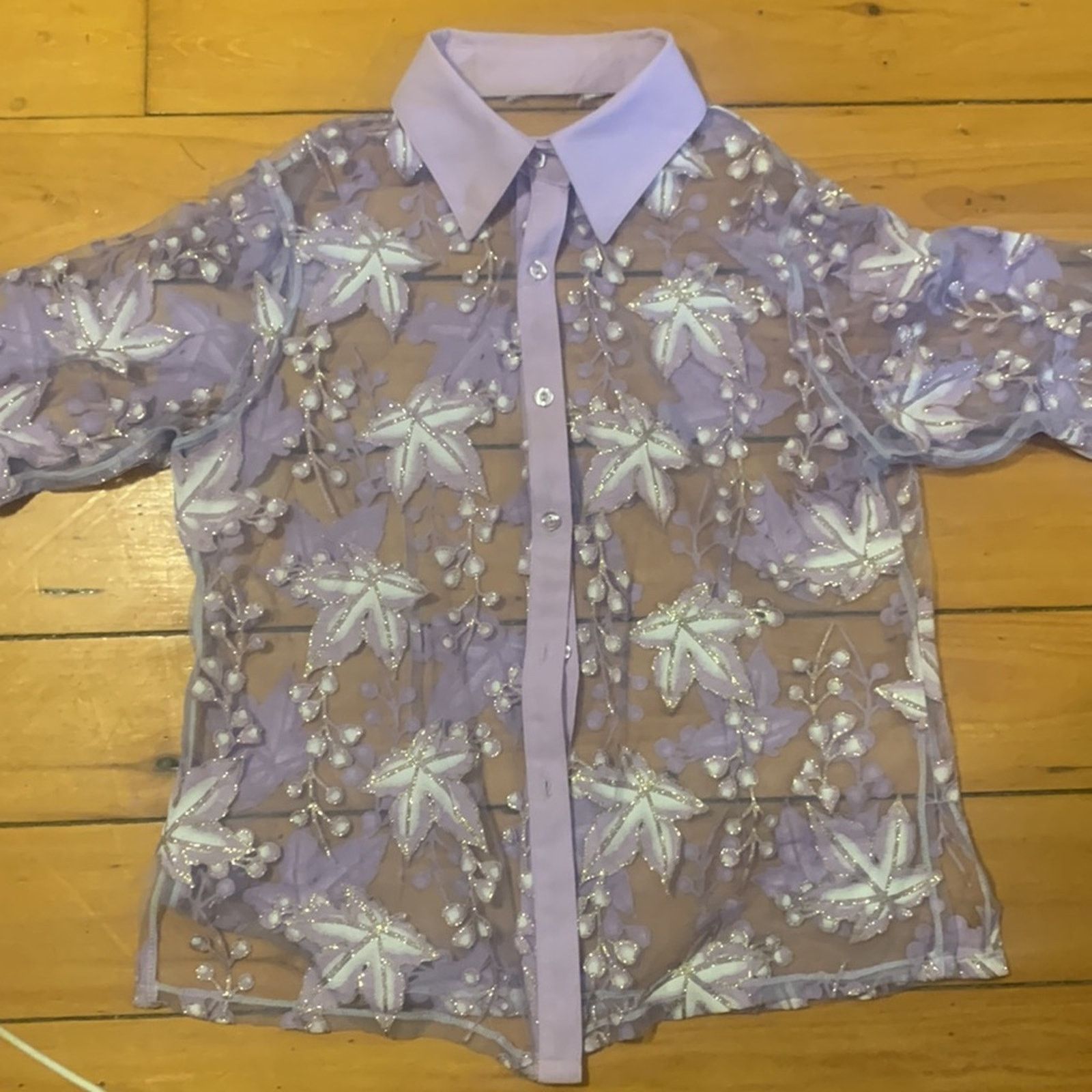 Vintage Y2K 90’s lilac sheer blouse with embroidered golden leaves Size M / US 6-8 / IT 42-44 - 8 Thumbnail