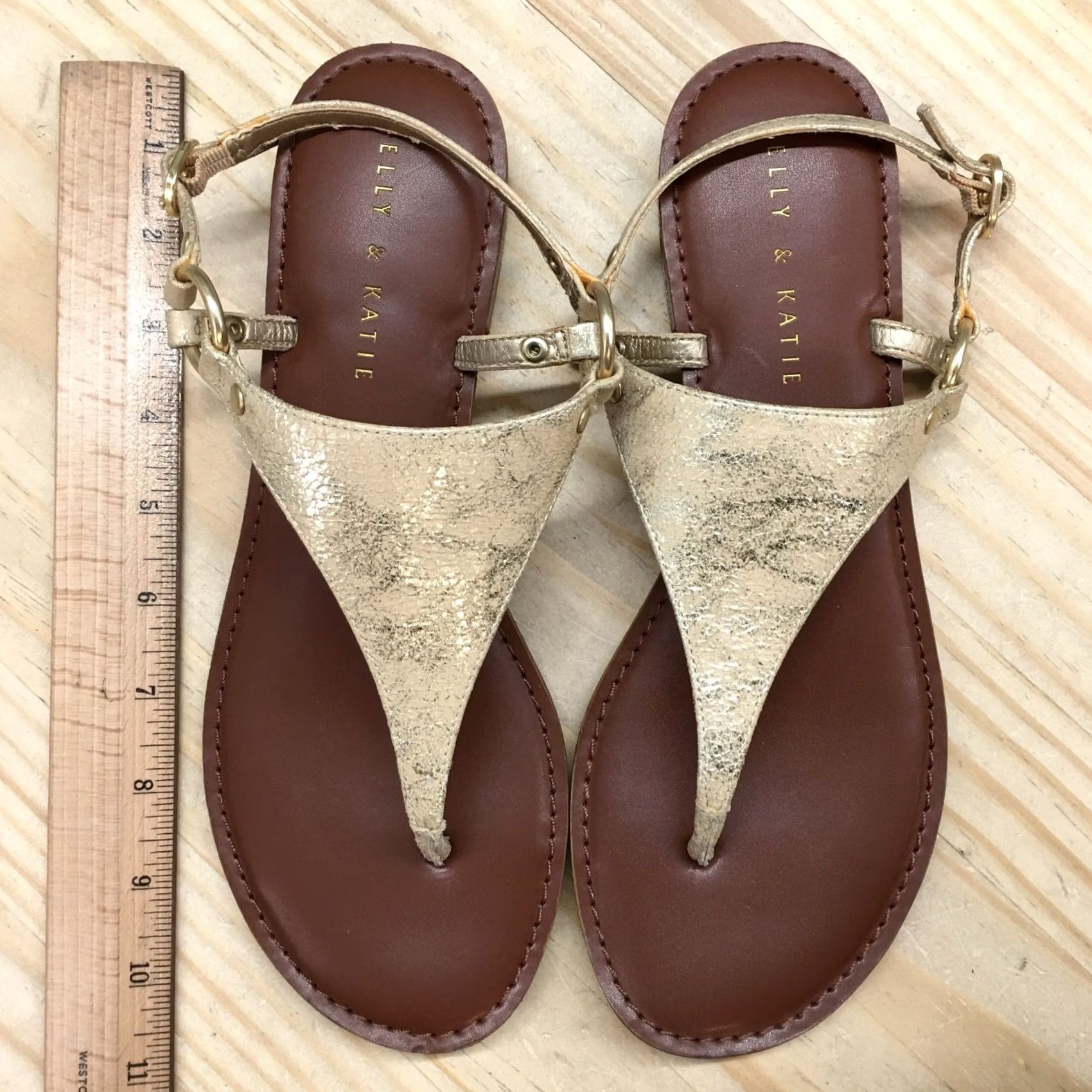 Vintage Kelly And Katie Sandals Womens 9 Bania Casual Slingback Gold Faux Leather Flat Slip-On Adjustable Buckle Shoes Size US 9 / IT 39 - 5 Thumbnail