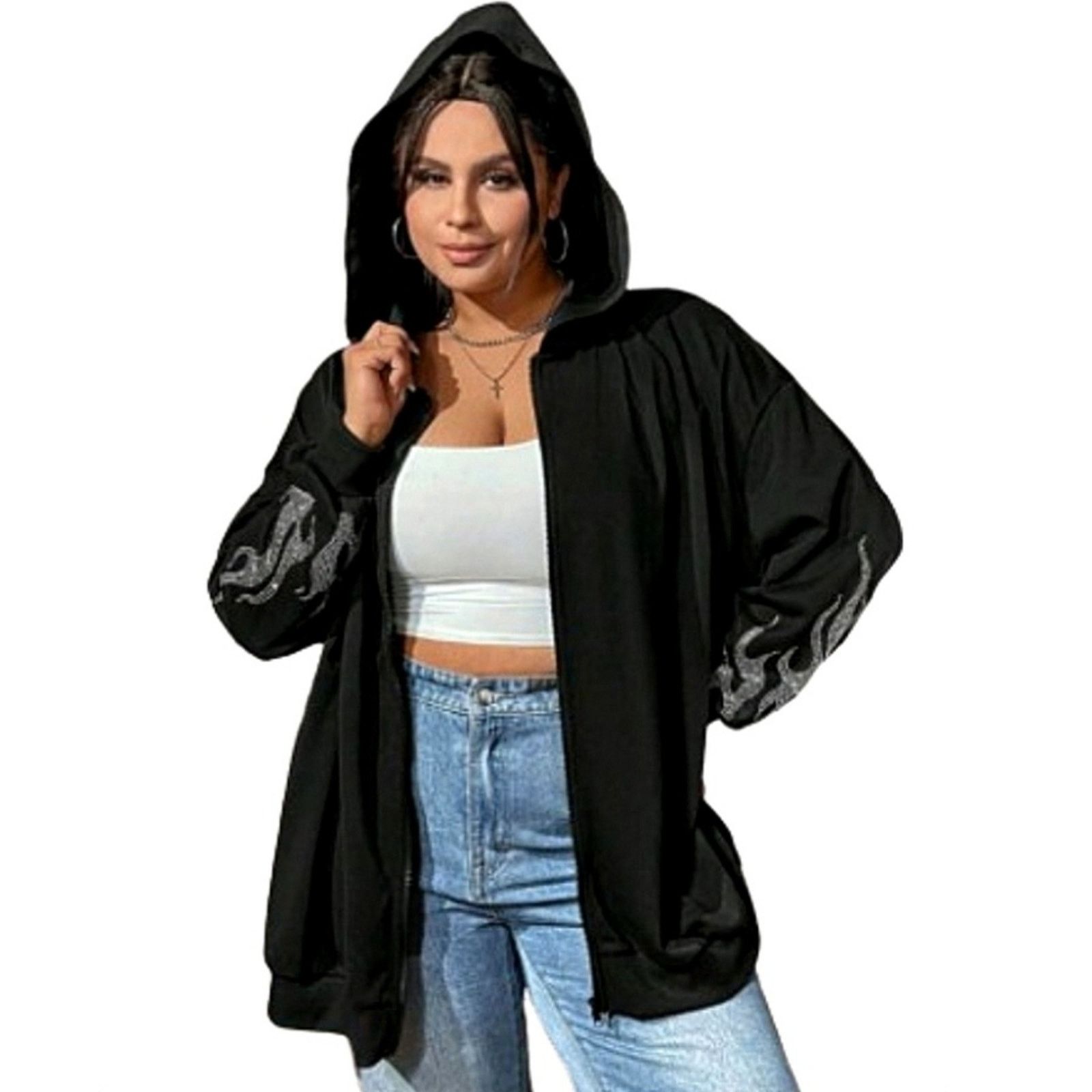 Shein FLAMES ☆ RHINESTONE ACCENT ☆ BLACK OVERSIZED HOODIE 4x ☆ NWT Size 4XL / US 24-26 - 9 Thumbnail