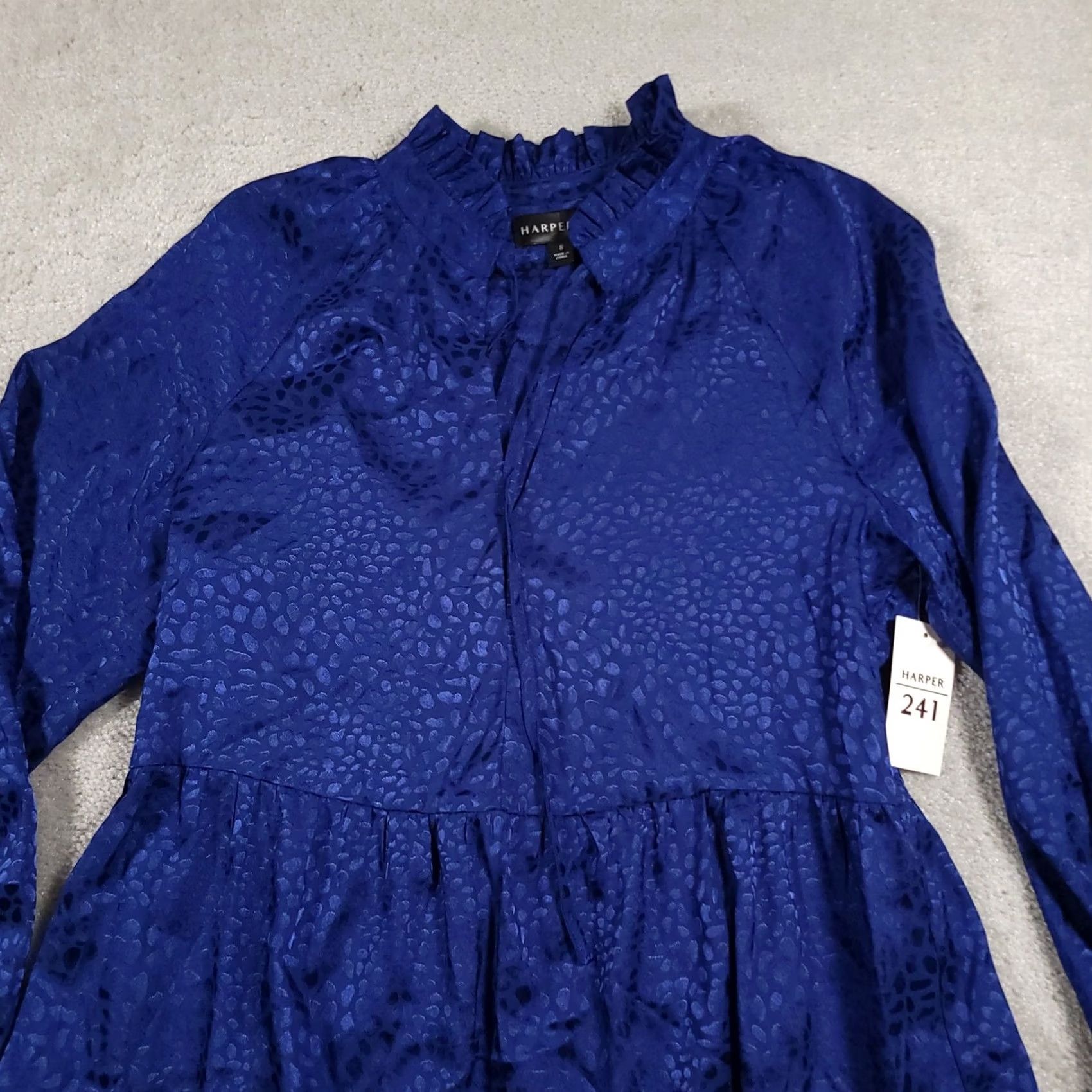 Vintage HARPER 241 Dress Womens 8 Blue Long Sleeve Tiered Ruffle Jacquard Satin Dress Size M / US 6-8 / IT 42-44 - 3 Thumbnail
