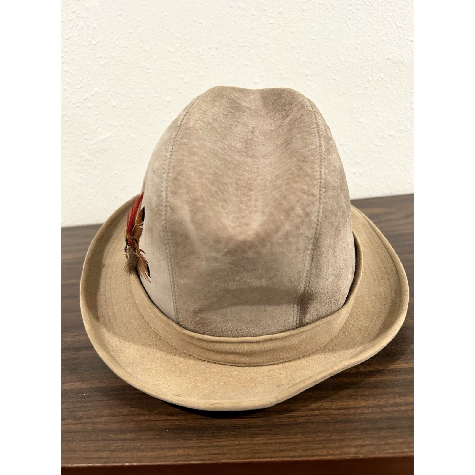 Stetson VINTAGE Stetson Fedora Hat 7 Unisex Tan Suede Leather Feather USA Union Made Size ONE SIZE - 4 Thumbnail