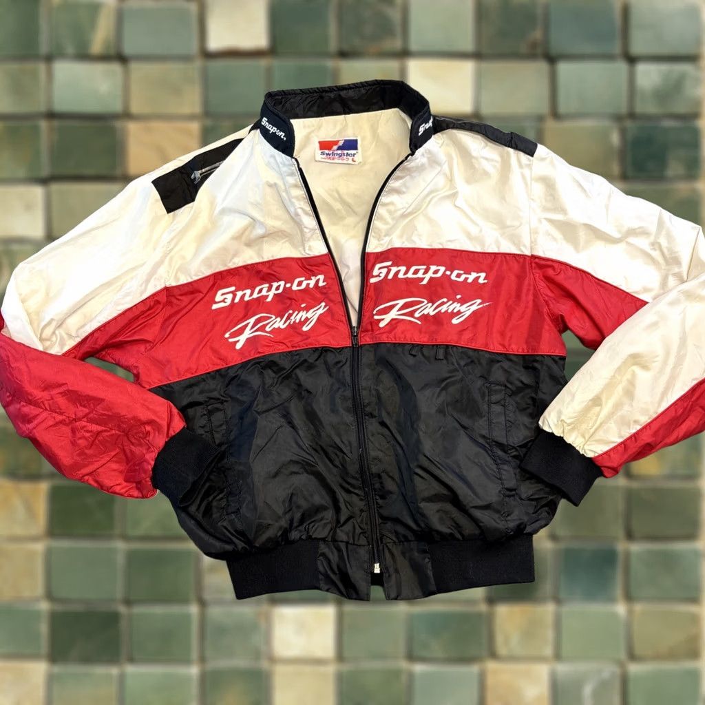 Vintage VINTAGE Swingster Windbreaker Jacket Racing Men L Red Black Mock Collar Snap On Nylon Size US L / EU 52-54 / 3 - 1 Thumbnail